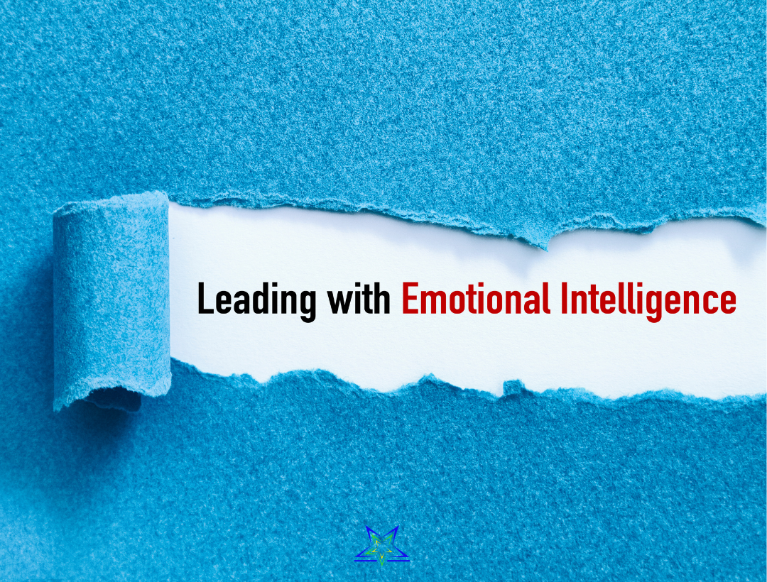 Image shows a blue paper cover with a strip torn back revealing writing underneath. The writing reads Leading with Emotional Intelligence