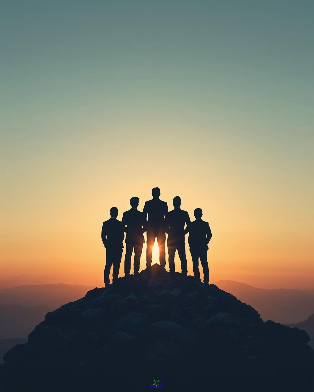 Image shows five people standing on top of a mountain as the sun rises. They, and the mountain top, are silhouetted by the dawn light.