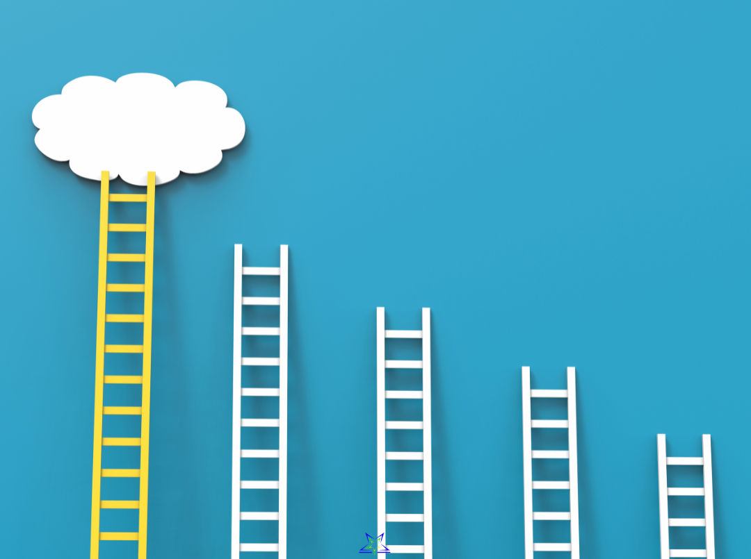Image shows five ladders against a blue wall. The tallest ladder is yellow and reaches up into a white cloud