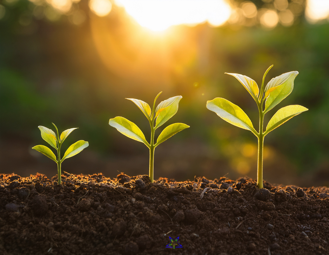 Image shows three seedlings in a row, smallest on the left and largest on the right, in a sunlit garden