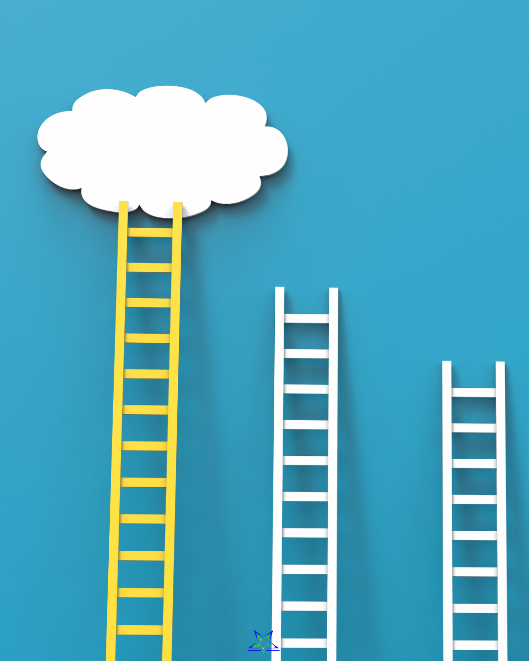 Image shows three ladders against a blue wall. The tallest ladder is yellow and reaches up into a white cloud