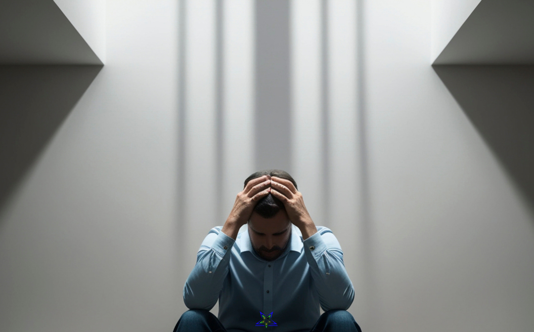 Image shows a man in a blue shirt sitting with his head in his hands. His is sitting against a pale wall and the light is casting vertical bars of shadow on him and the wall behind him