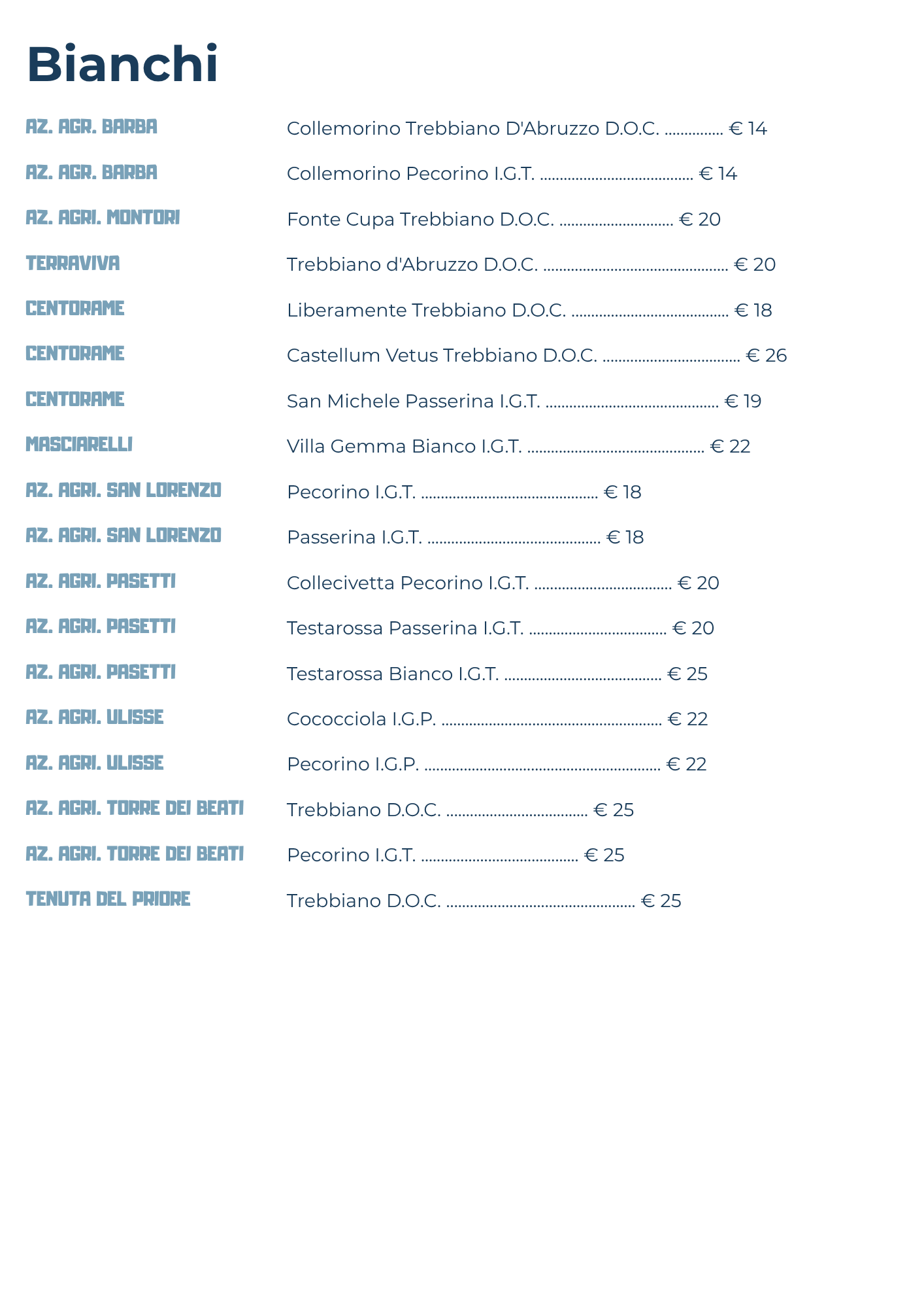 Menu di vini bianchi con vari nomi e prezzi.