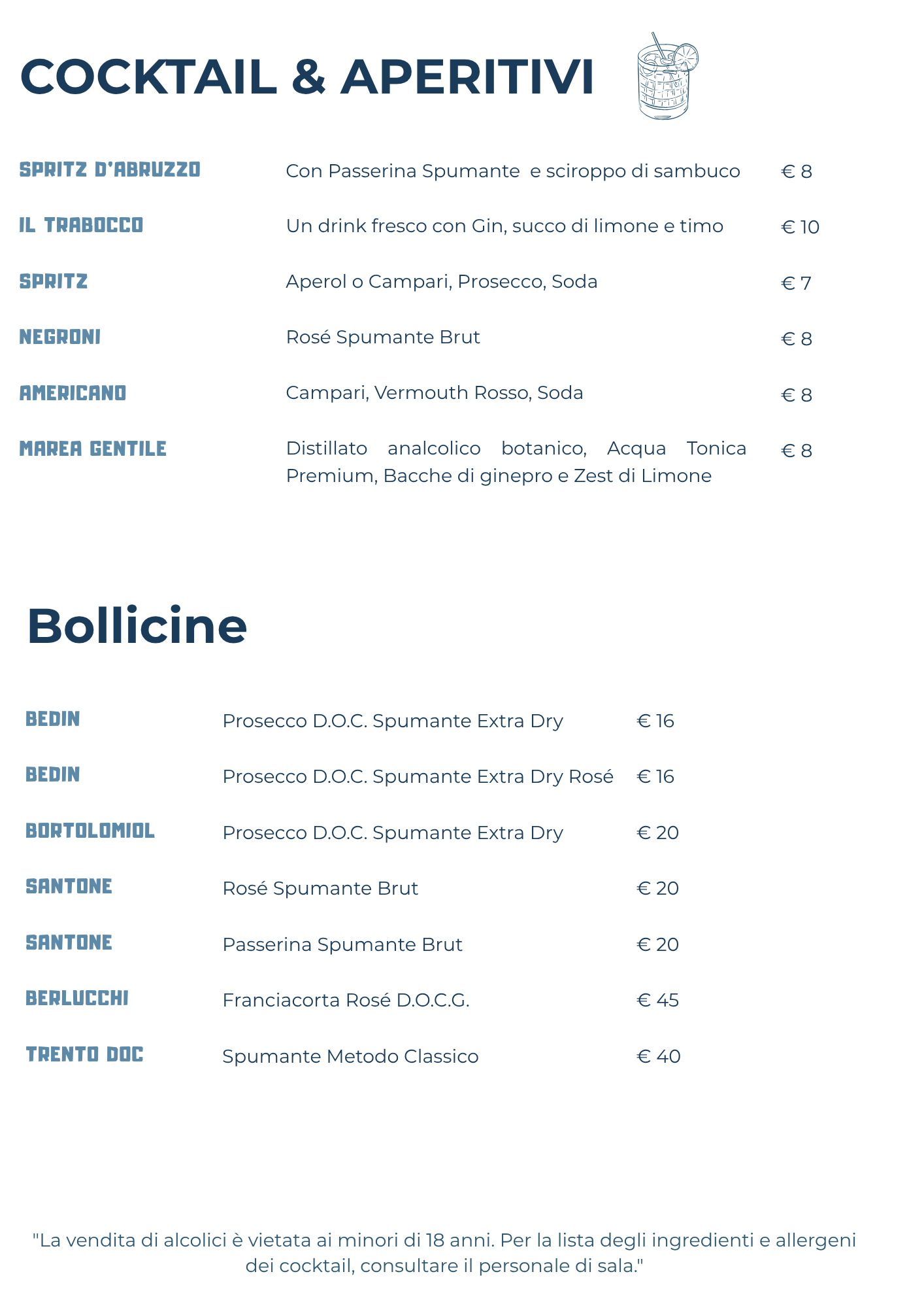 Menu di cocktail e bollicine con vari drink e champagne, prezzi indicati in euro.