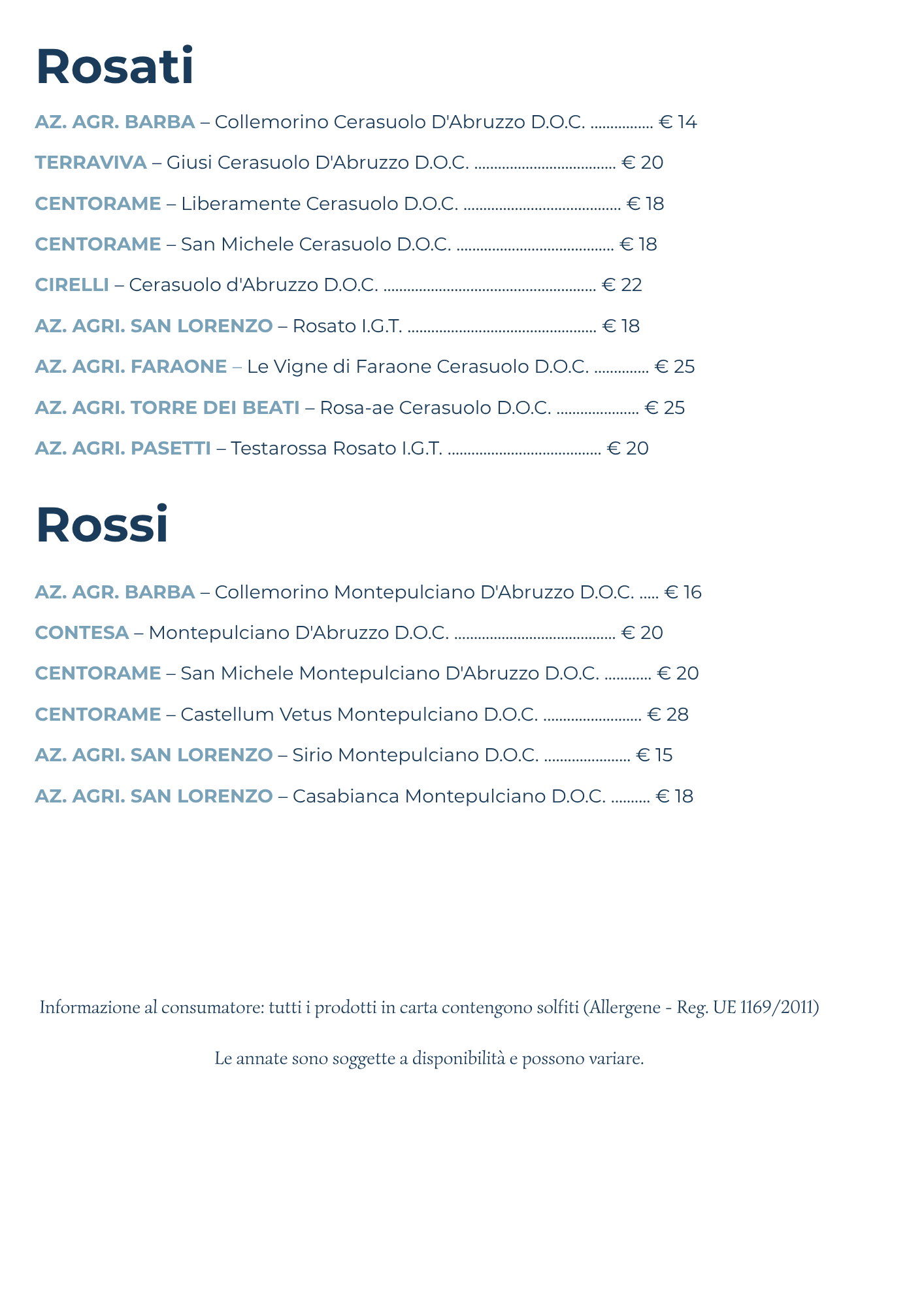 Lista di vini rossi e rosati con nomi, aziende produttrici e prezzi in euro.