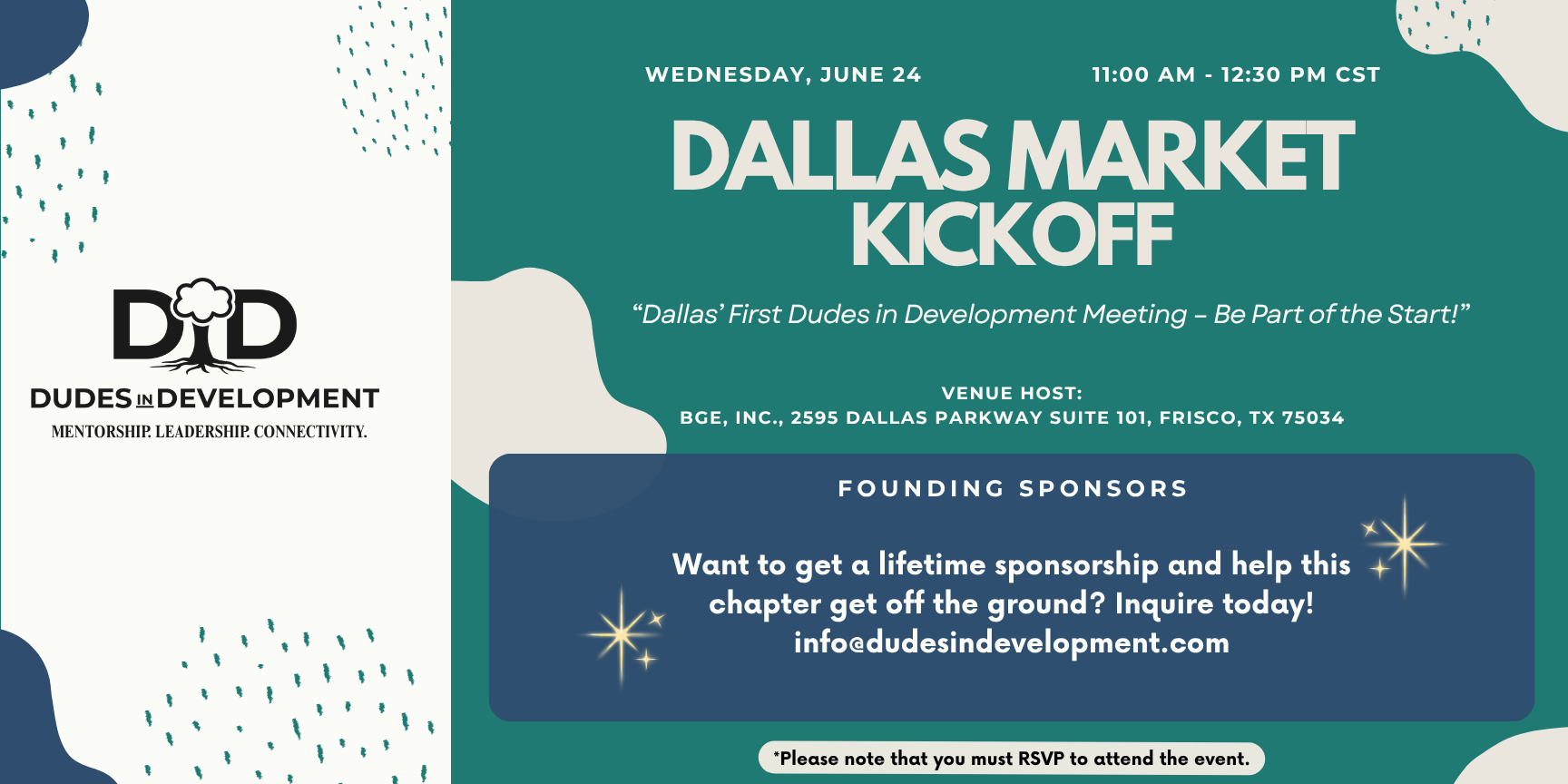 Flyer for the Dallas Market Kickoff event on June 24 from 11:00 AM to 12:30 PM, hosted at BGE Inc., Dallas, Texas. Inclues Dudes in Development logo and sponsorship info.