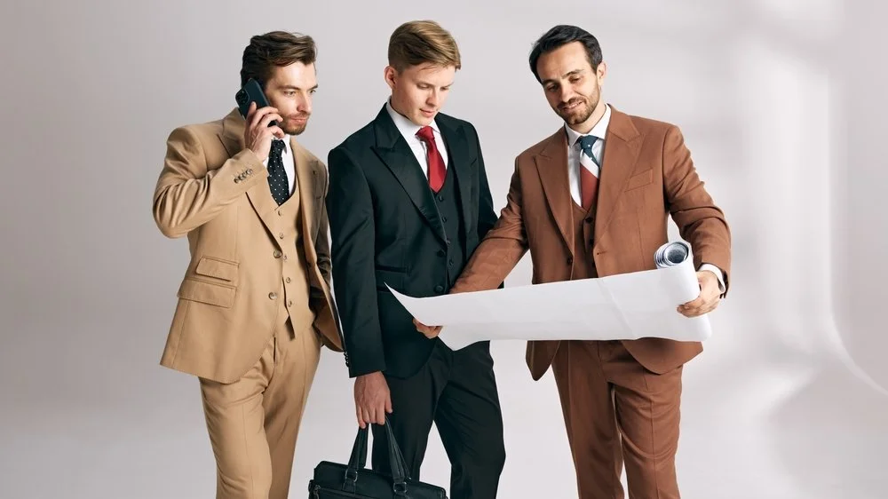 Three men in business suits looking at blueprints with one speaking on a phone.
