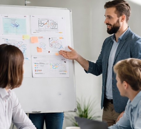 group gathered around a whiteboard