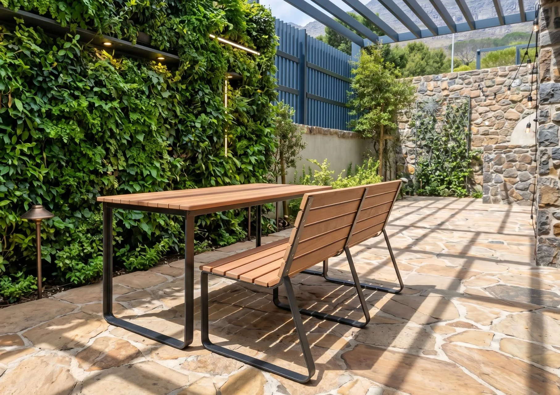 Steel and iroko wood bench and table for indoor or outdoor use.