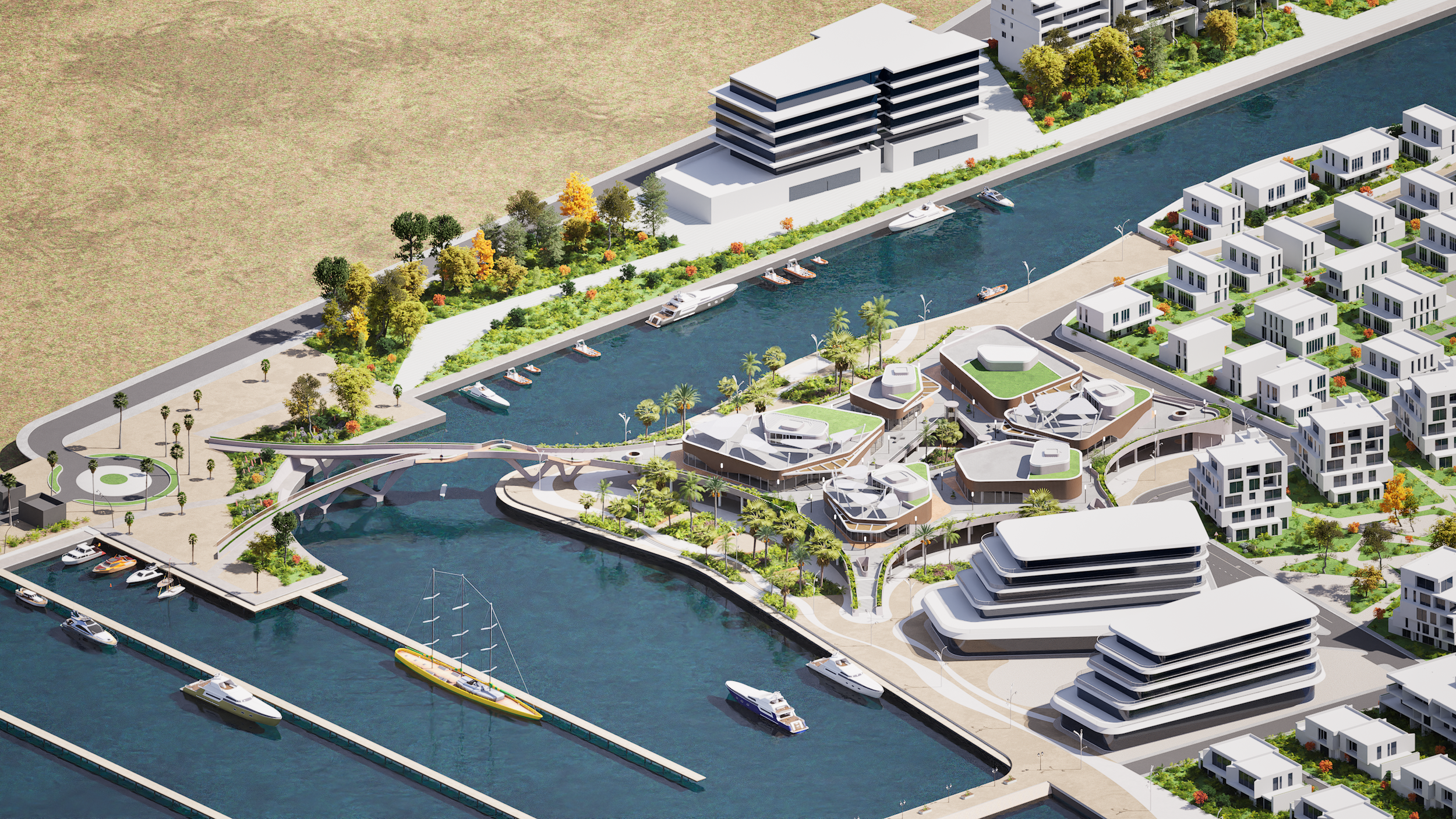 Planimetria di un complesso residenziale moderno con abbellimenti naturali, parcheggi, un canale d'acqua con barche e edifici contemporanei.
