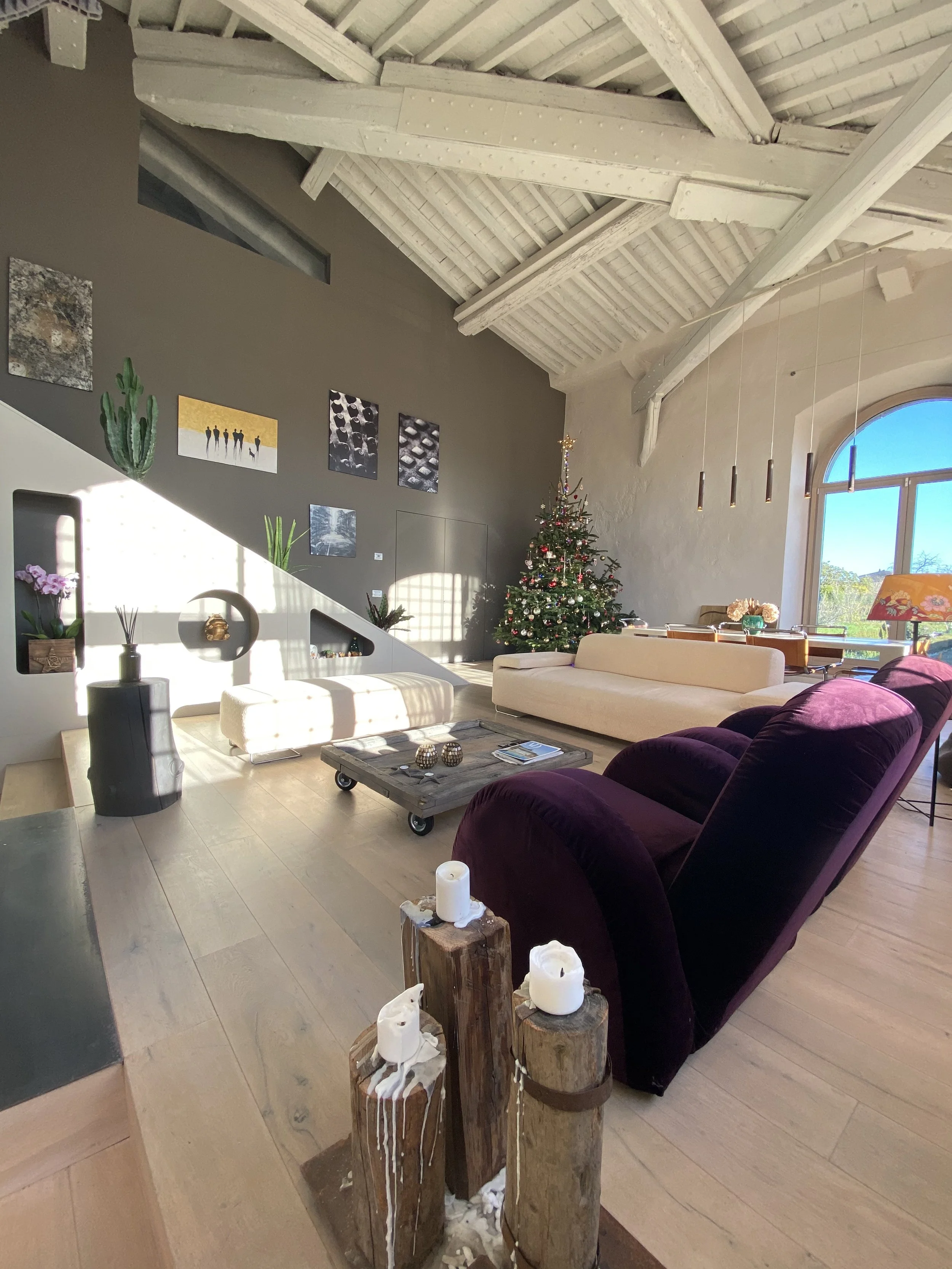 Salotto spazioso con divani color crema e viola, un albero di Natale decorato, quadri astratti sulle pareti, grande finestra con vista all'aperto, decorazioni natalizie.