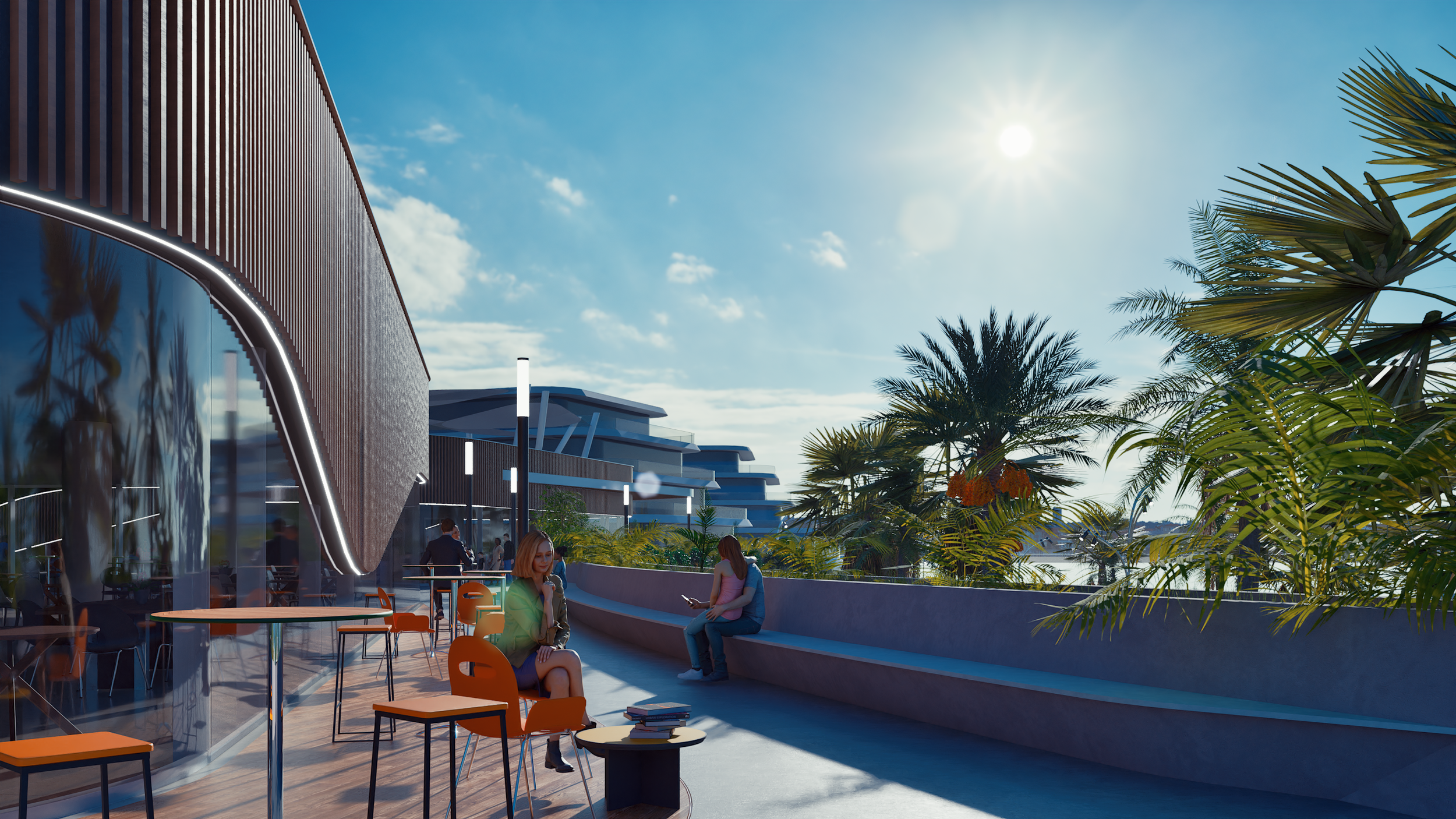 Terrazza moderna con sedie arancioni, panchina e piante tropicali, persone che si rilassano al sole sotto un cielo sereno.