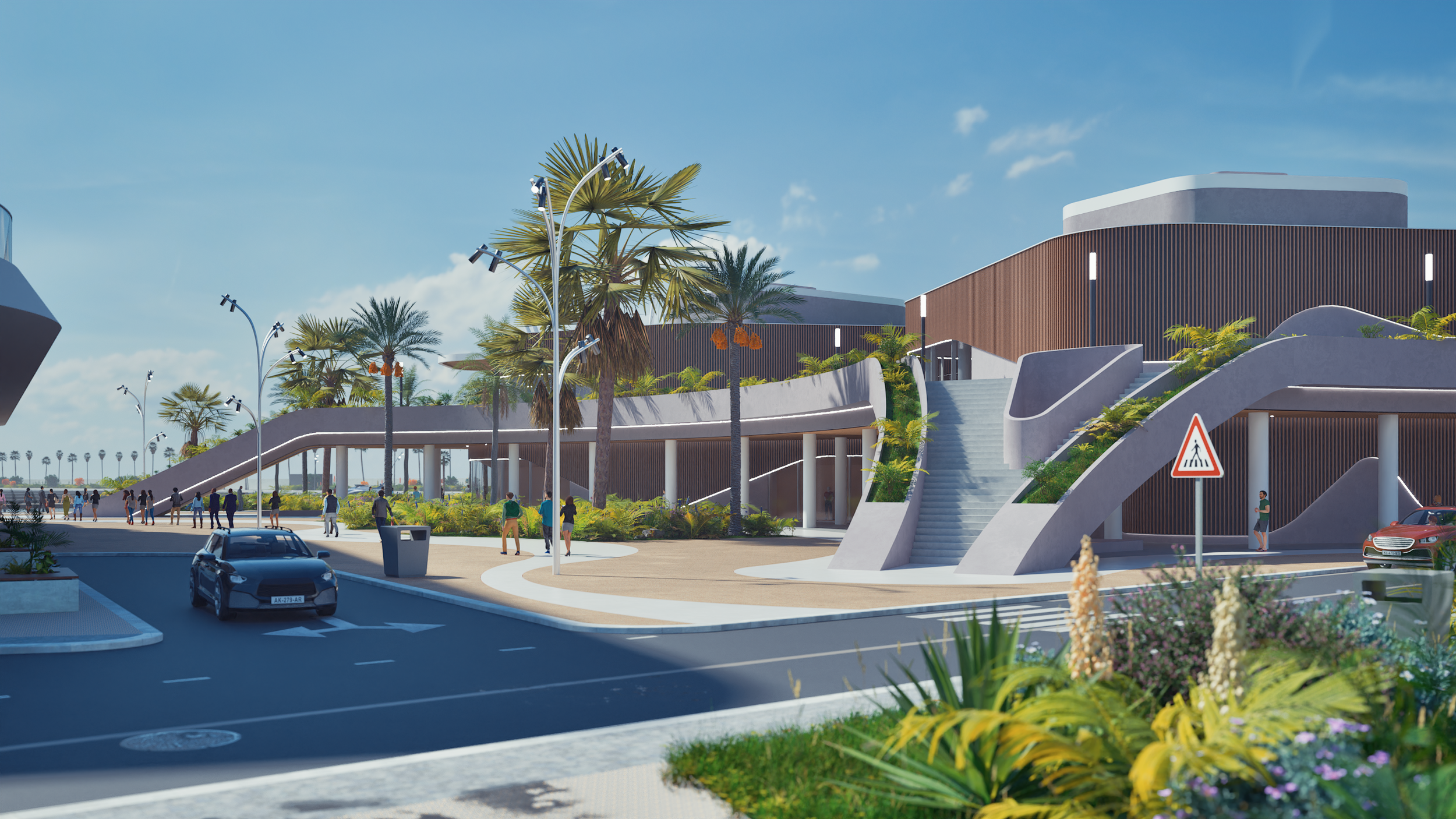 Rendering di un'area urbana moderna con edificio, scale, palmizi, lampioni e persone, sotto un cielo blu.