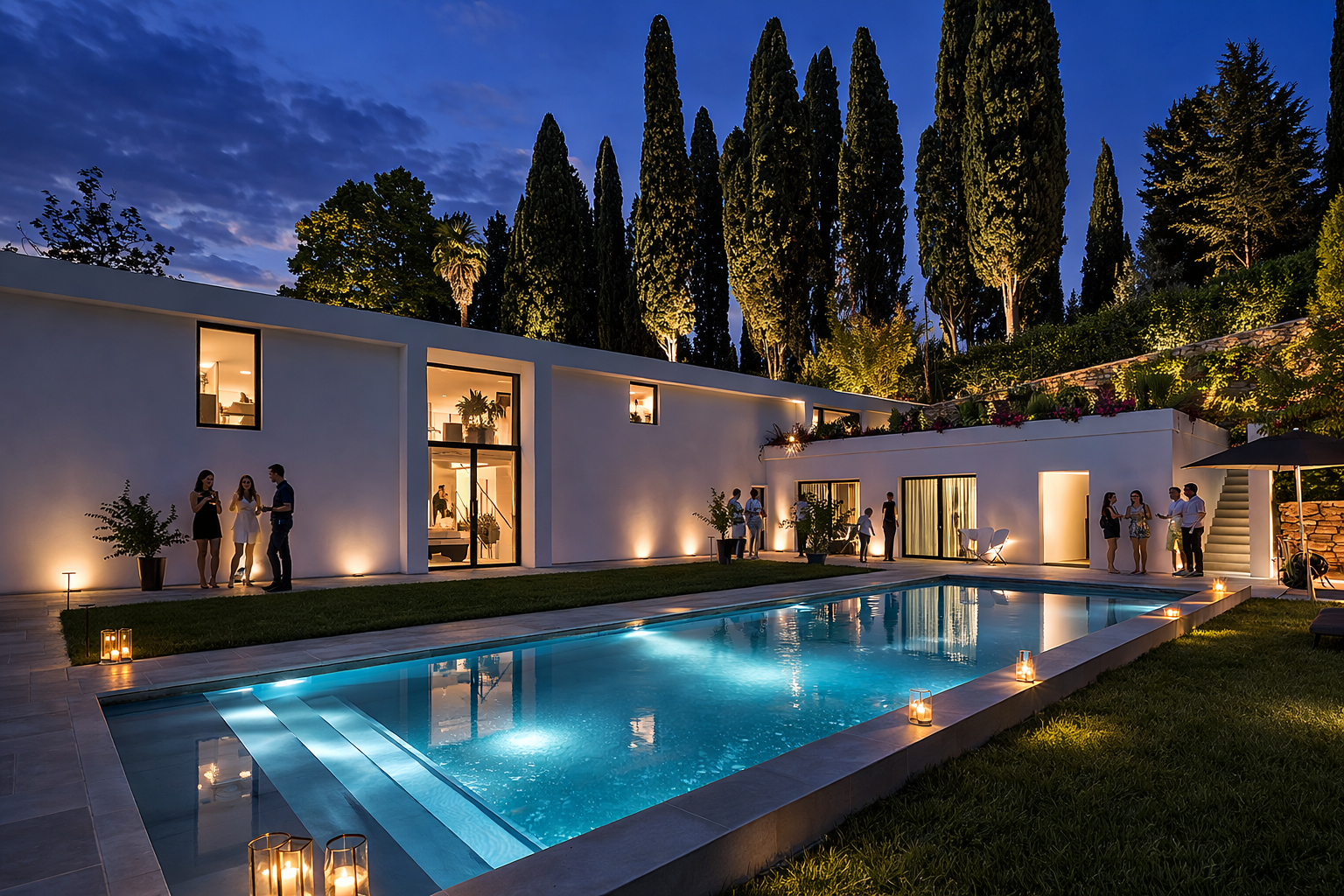 Immagine di una serata con persone che socializzano all'aperto accanto a una piscina illuminata, con una casa moderna in background e alberi al tramonto.
