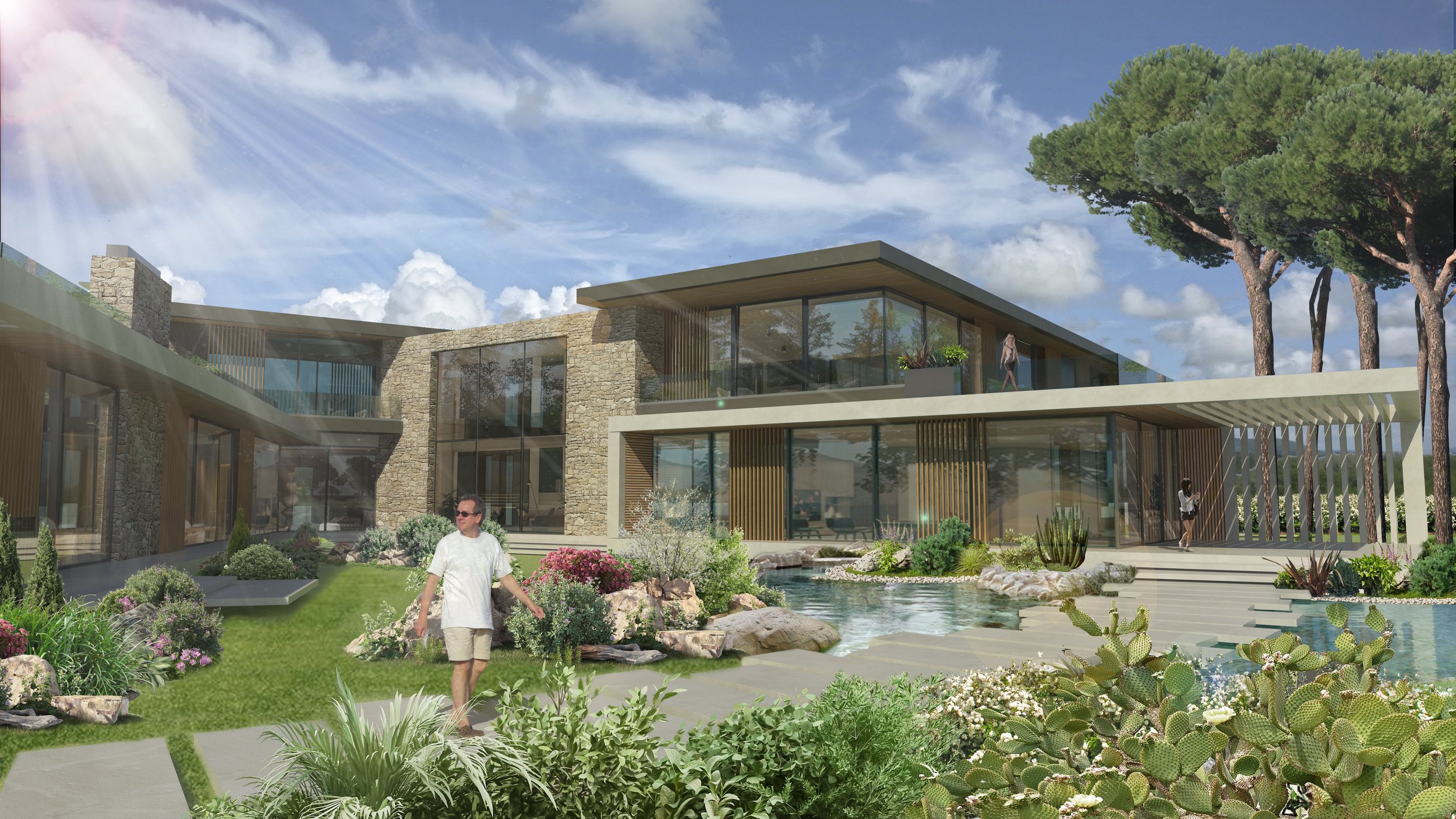 Progetto architettonico di una moderna villa con ampi vetrate, piscina e giardino lussureggiante con piante e cactus, in un ambiente soleggiato.