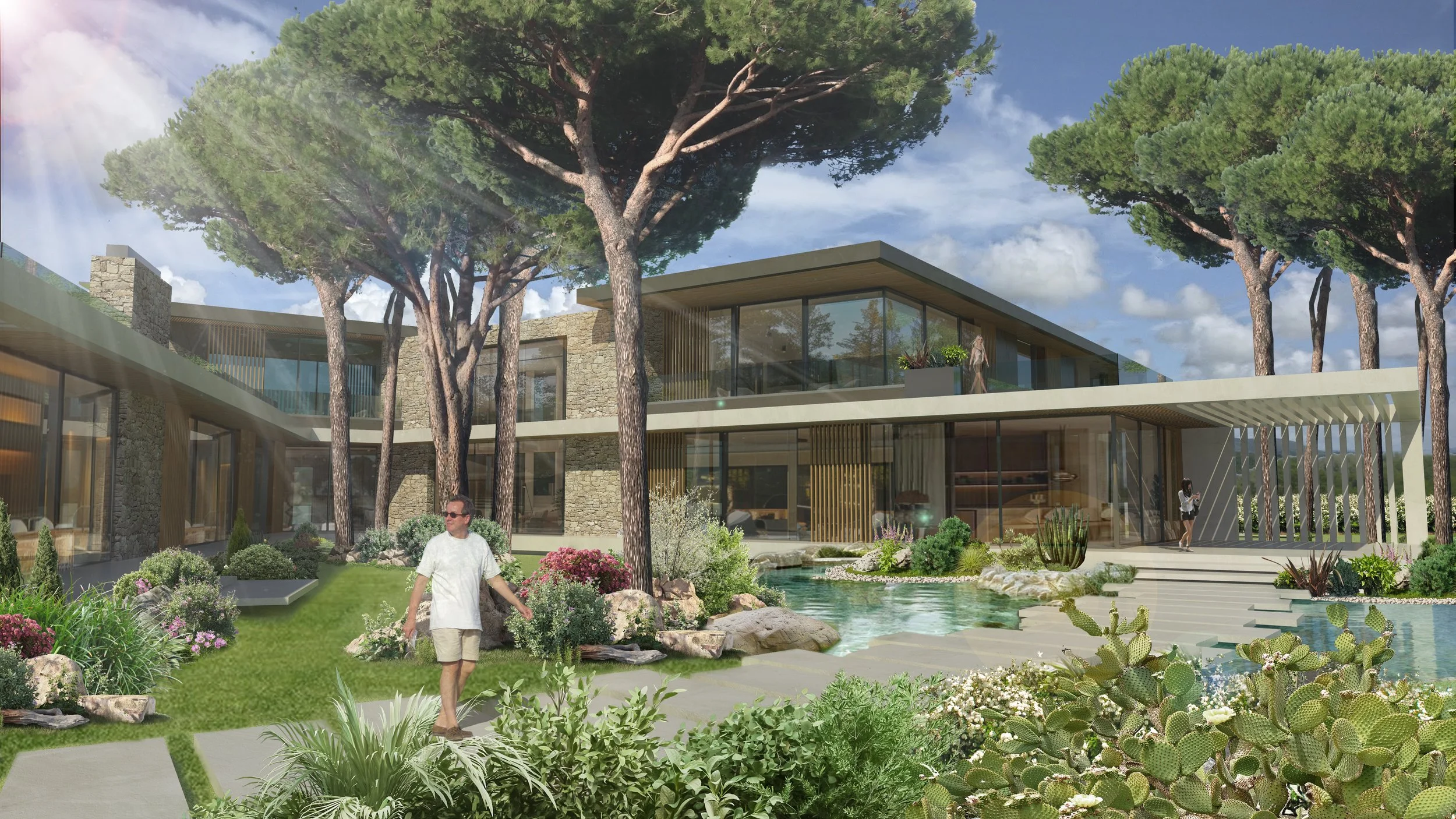 Progetto architettonico di una casa moderna immersa nella natura, con pareti di vetro, piscina e paesaggio con piante e alberi.