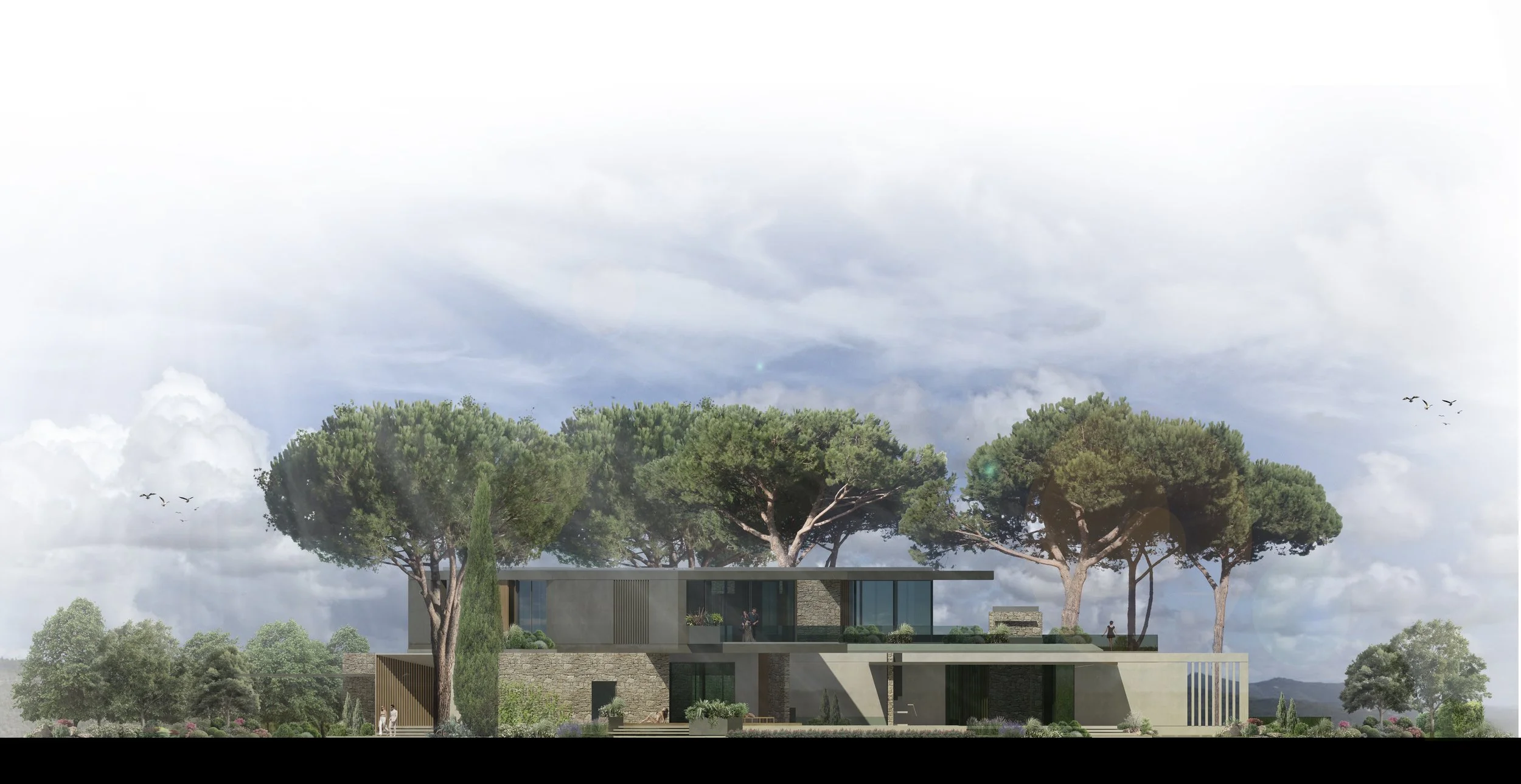 Progetto architettonico di una moderna casa su due piani, circondata da grandi alberi e vegetazione, con un cielo nuvoloso sullo sfondo.