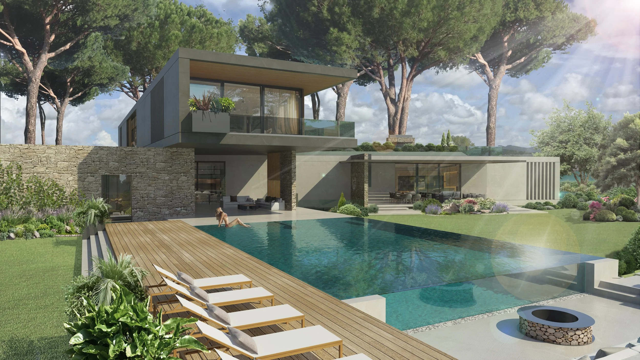 Casa moderna con piscina e area relax, circondata da alberi e giardino soleggiato.