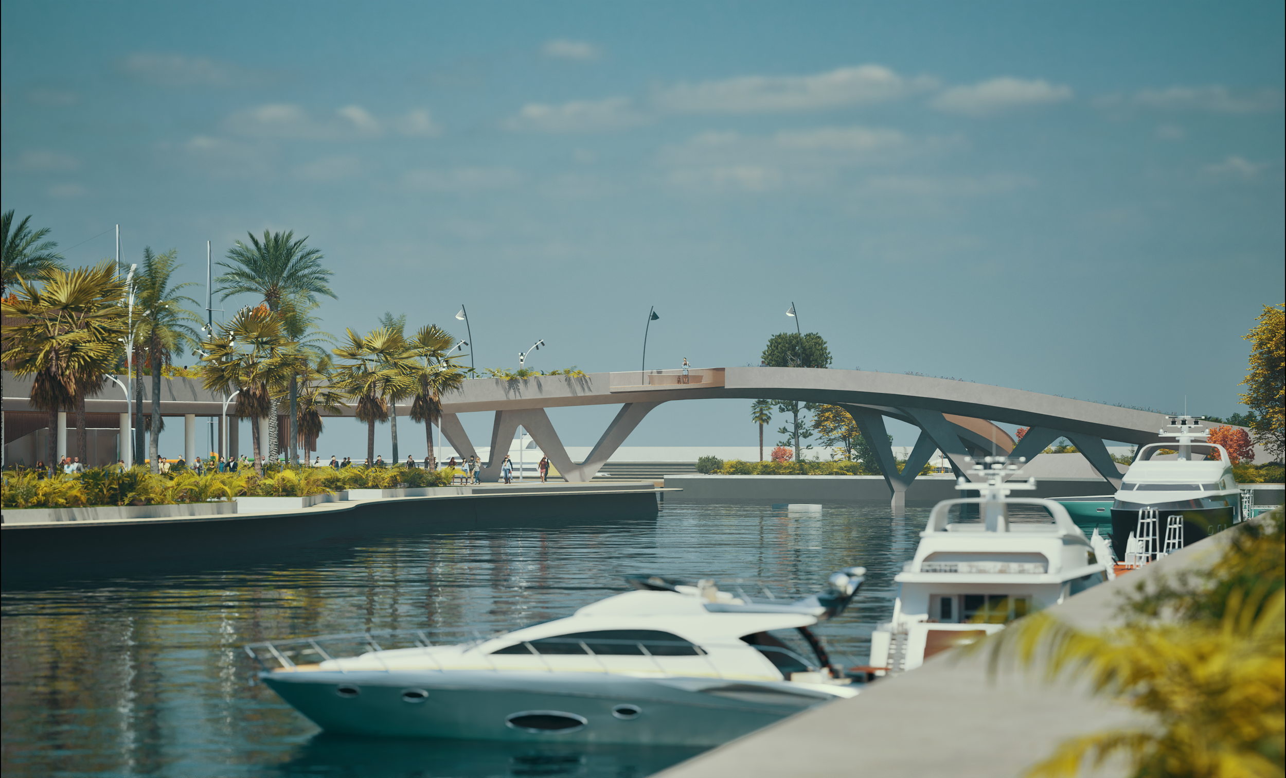 Passeggiata lungo un lago con barche di lusso, al centro un ponte futuristico e palme circostanti in un ambiente di stile moderno.
