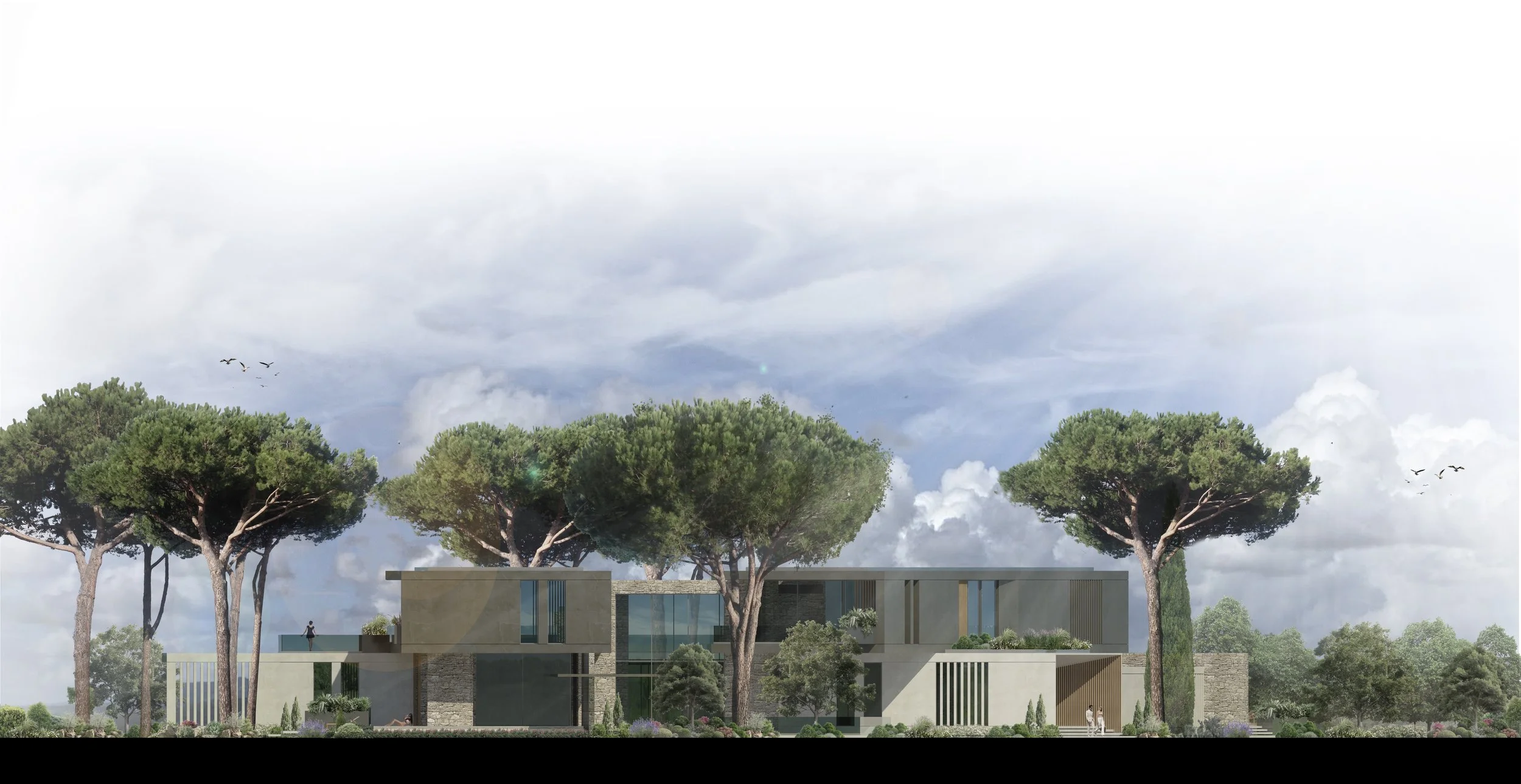 Rendering di una moderna villa immersa nel verde con grandi alberi e un cielo nuvoloso.