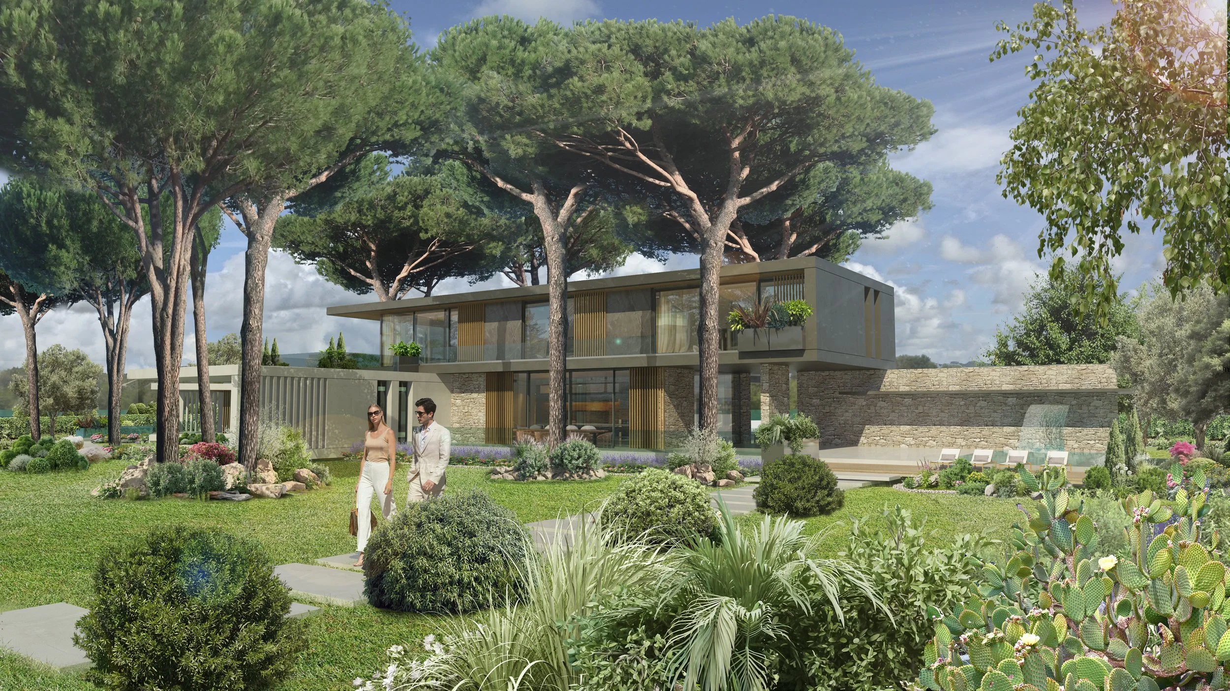 Rendering di una moderna villa circondata da un ampio giardino con alberi pini, piante grasse e arbusti, con due persone che passeggiano sul prato.