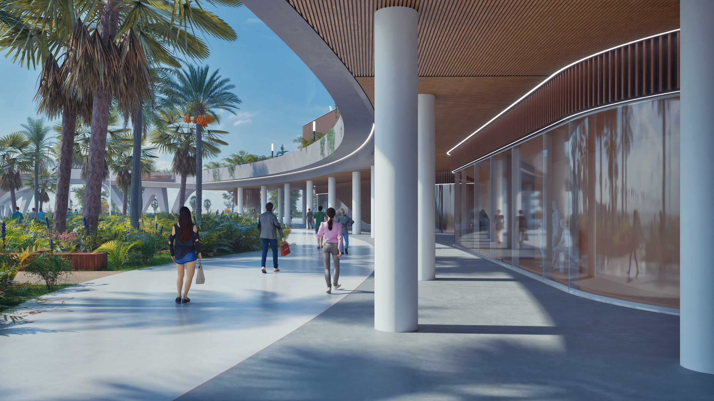 Progetto di un complesso moderno con spazio all'aperto, piante tropicali e persone che camminano lungo una passeggiata, con una struttura architettonica in vetro e legno.