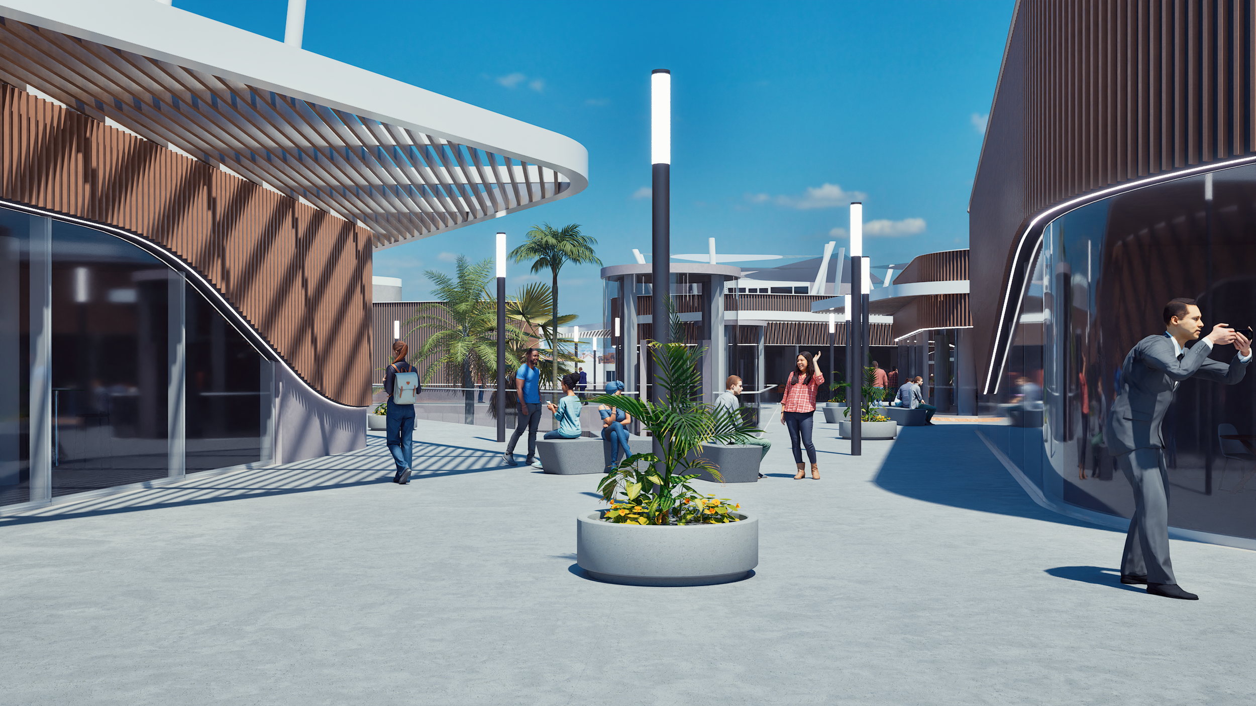 Spazio pubblico moderno con edifici in vetro e legno, piante tropicali, persone sedute e che camminano, lampioni luminosi, cielo blu con poche nuvole.