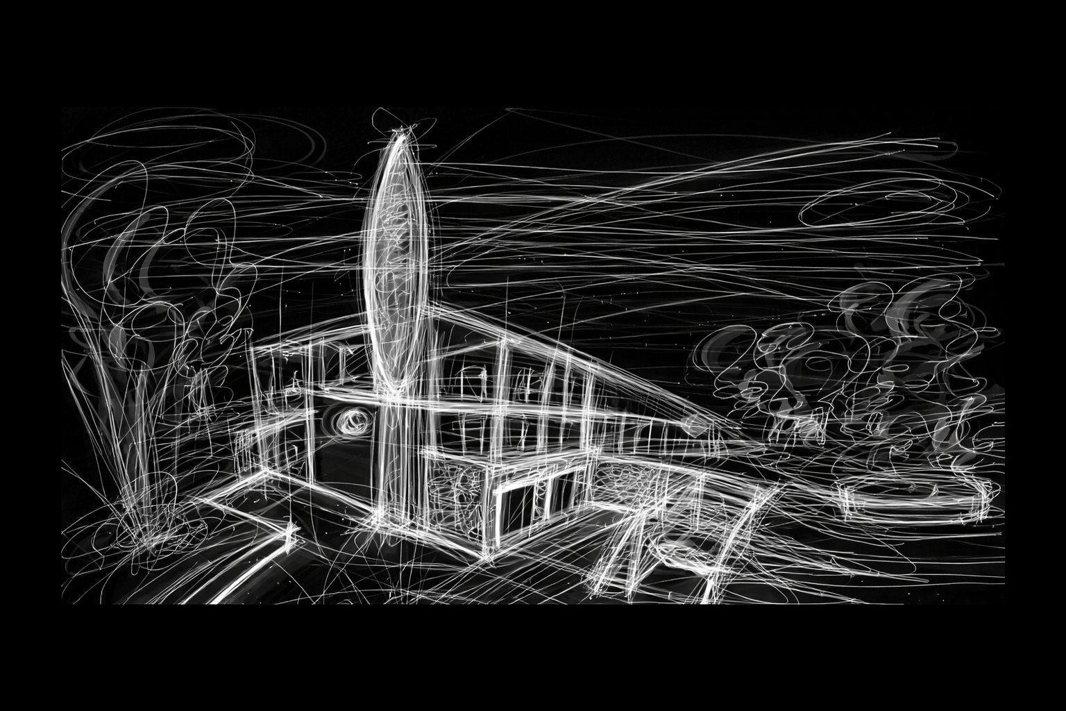 Disegno digitale con linee luminose bianche su uno sfondo nero, in stile astratto e futuristico.