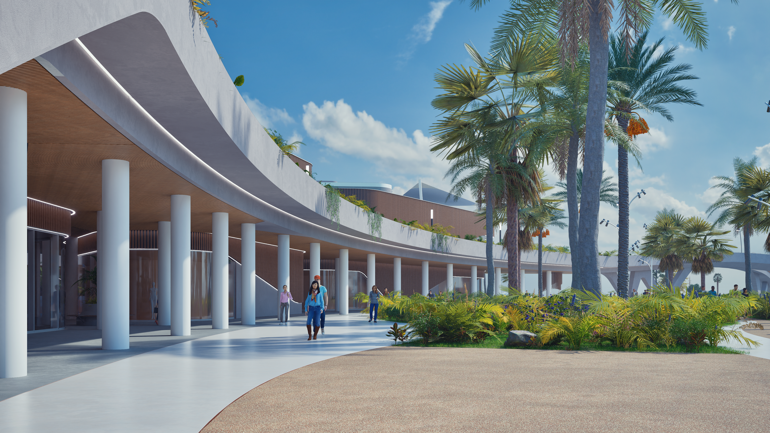 Progetto architettonico di un complesso moderno con palme e zone pedonali.