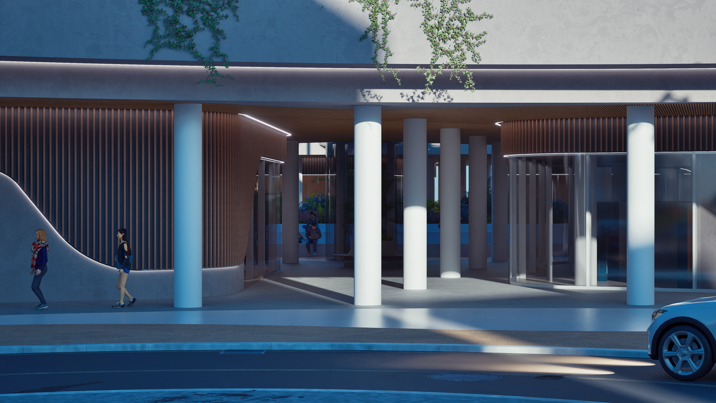 Ingresso di un edificio moderno con colonne bianche, pareti di vetro e pannelli di legno, con persone che camminano e un'auto parcheggiata sulla strada