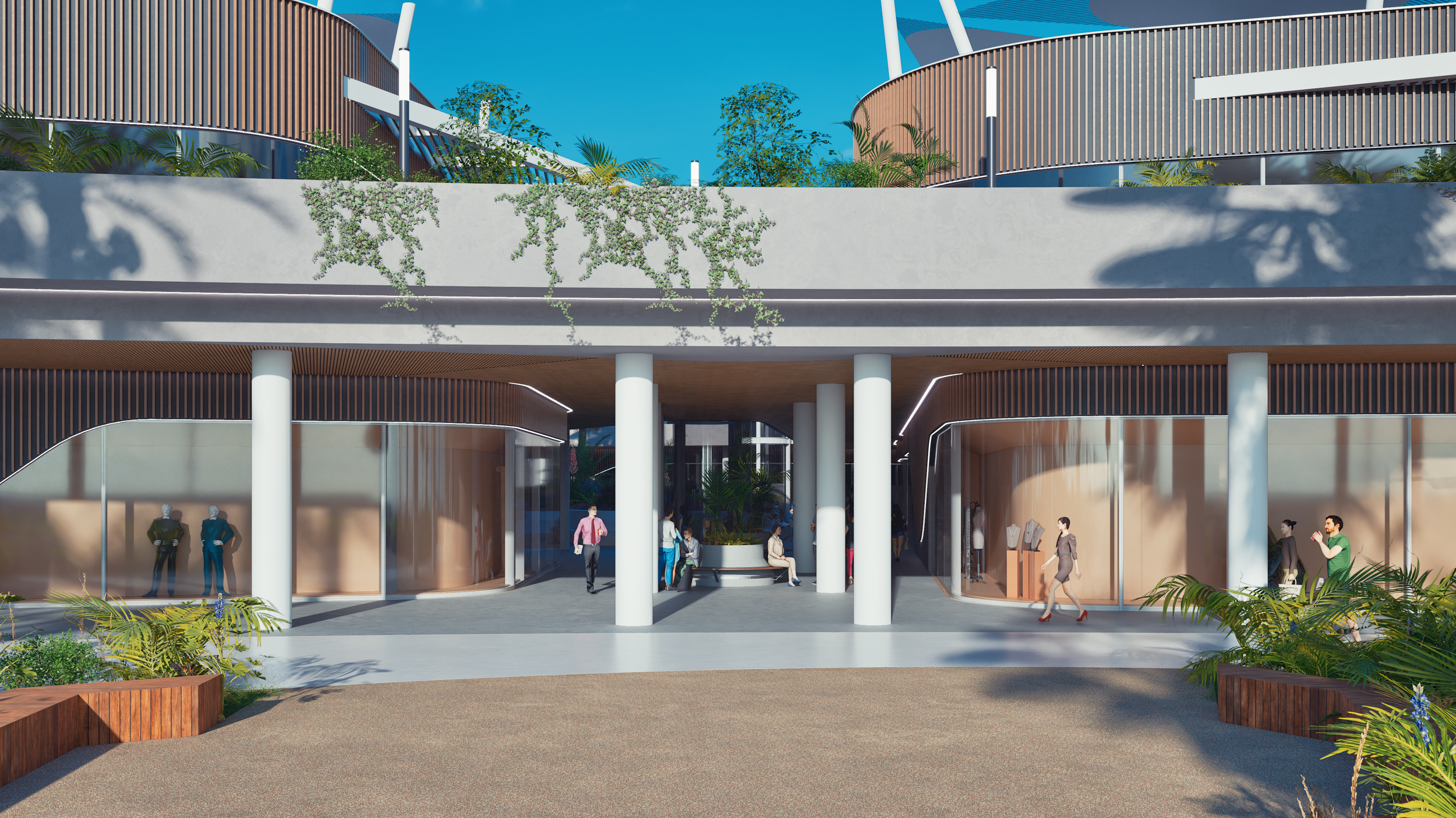 Progetto di architettura di un edificio moderno con grande ingresso, vetrine curvate, piante verdi e persone che passeggiano e si fermano all'esterno.