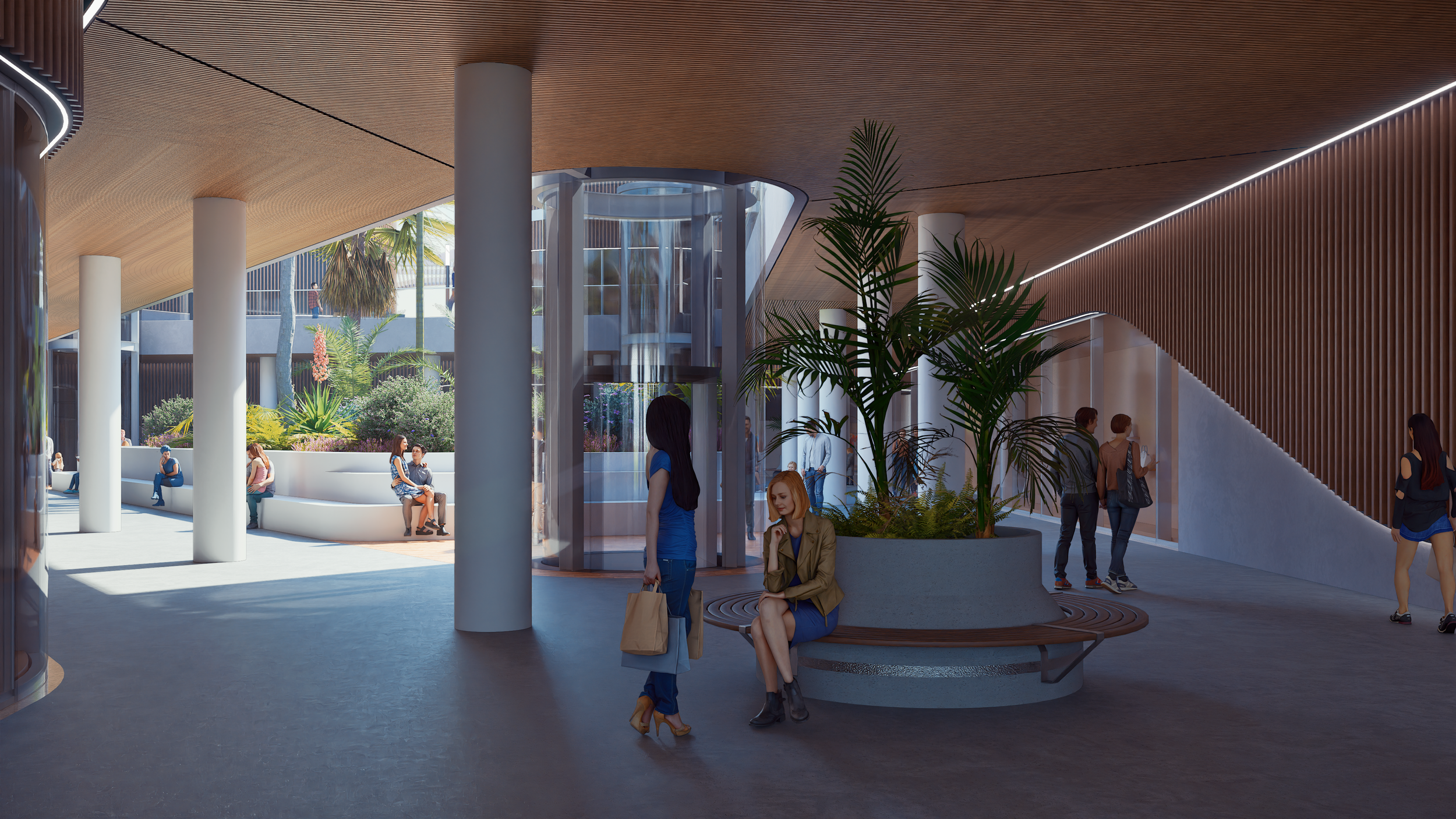 Interno di un edificio moderno con sculture di vetro, piante verdi e sedute, persone sedute e che camminano, pavimento in cemento, pareti e soffitto in legno