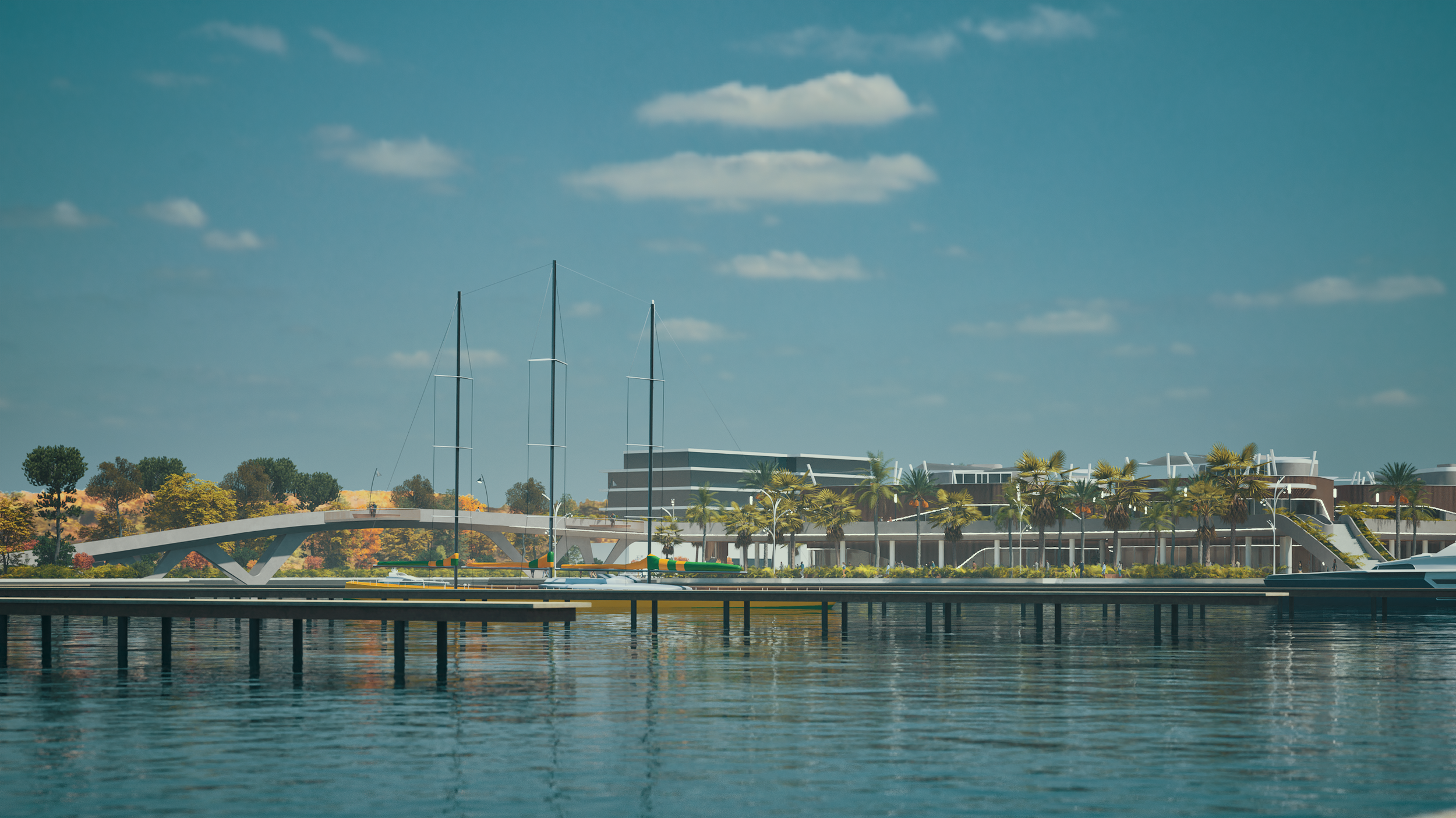 Progetto architettonico di un complesso residenziale fronte mare con palme, barche a vela e un ponte futuristico.