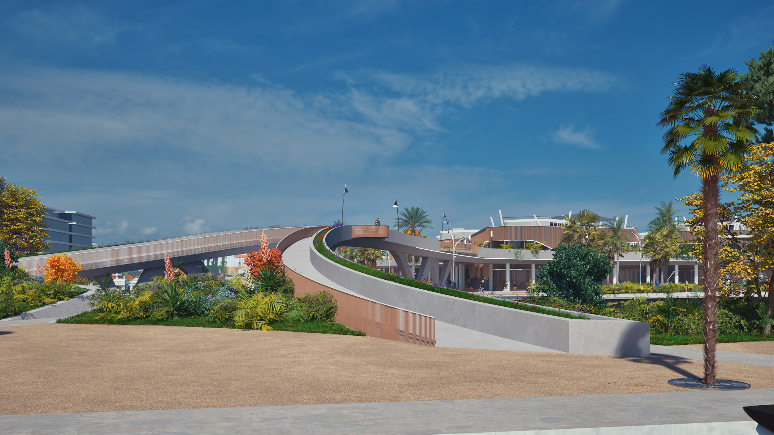 Progetto di un complesso moderno con scuole e aree verdi, con un ponte pedonale inclinato, piante tropicali e cielo azzurro.