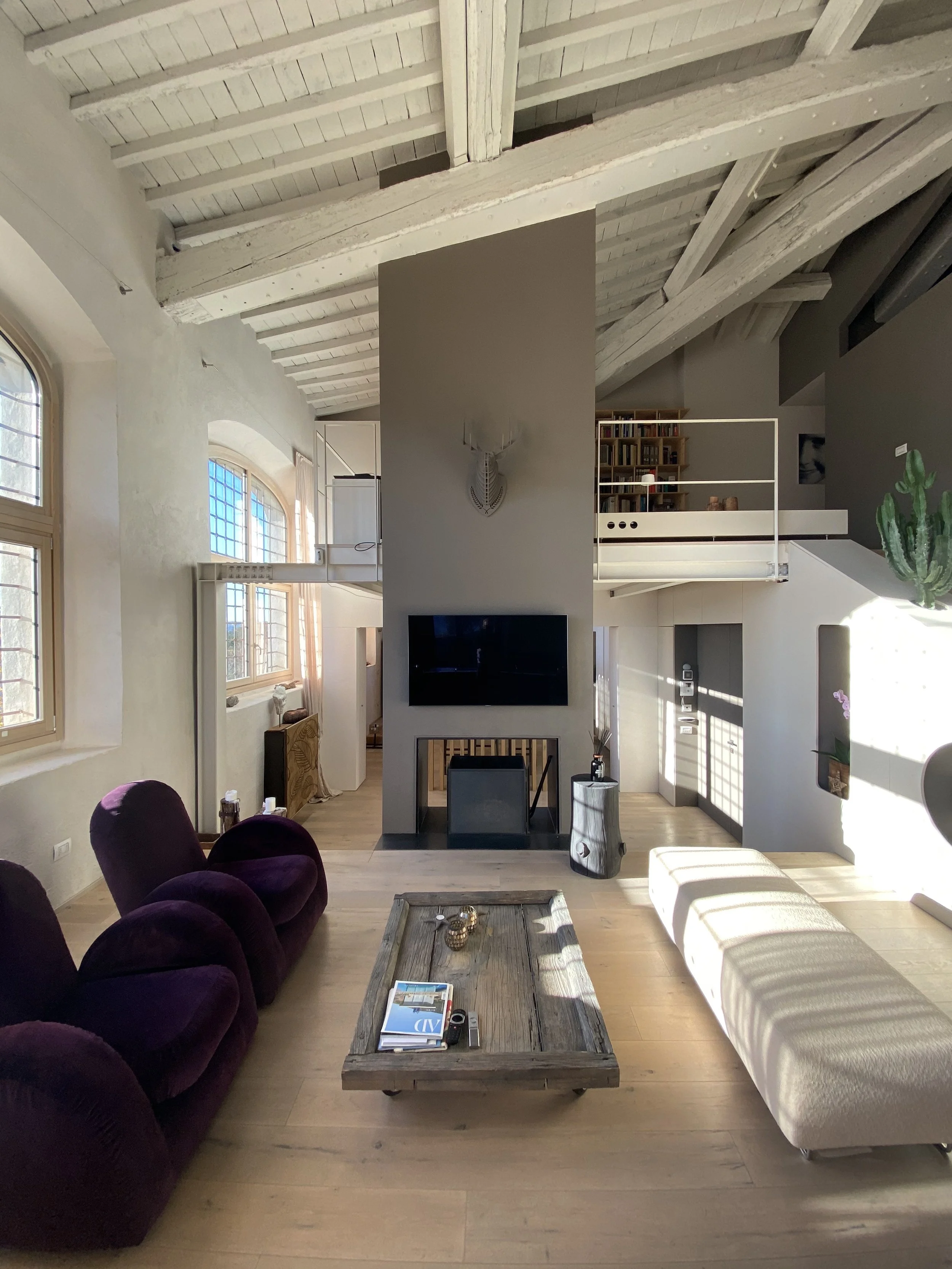 Soggiorno con parete centrale con televisore e camino, divano viola, panca beige, tavolino di legno, finestre con inferriate, soffitto a capriate bianche, decorazione di cervo sulla parete.