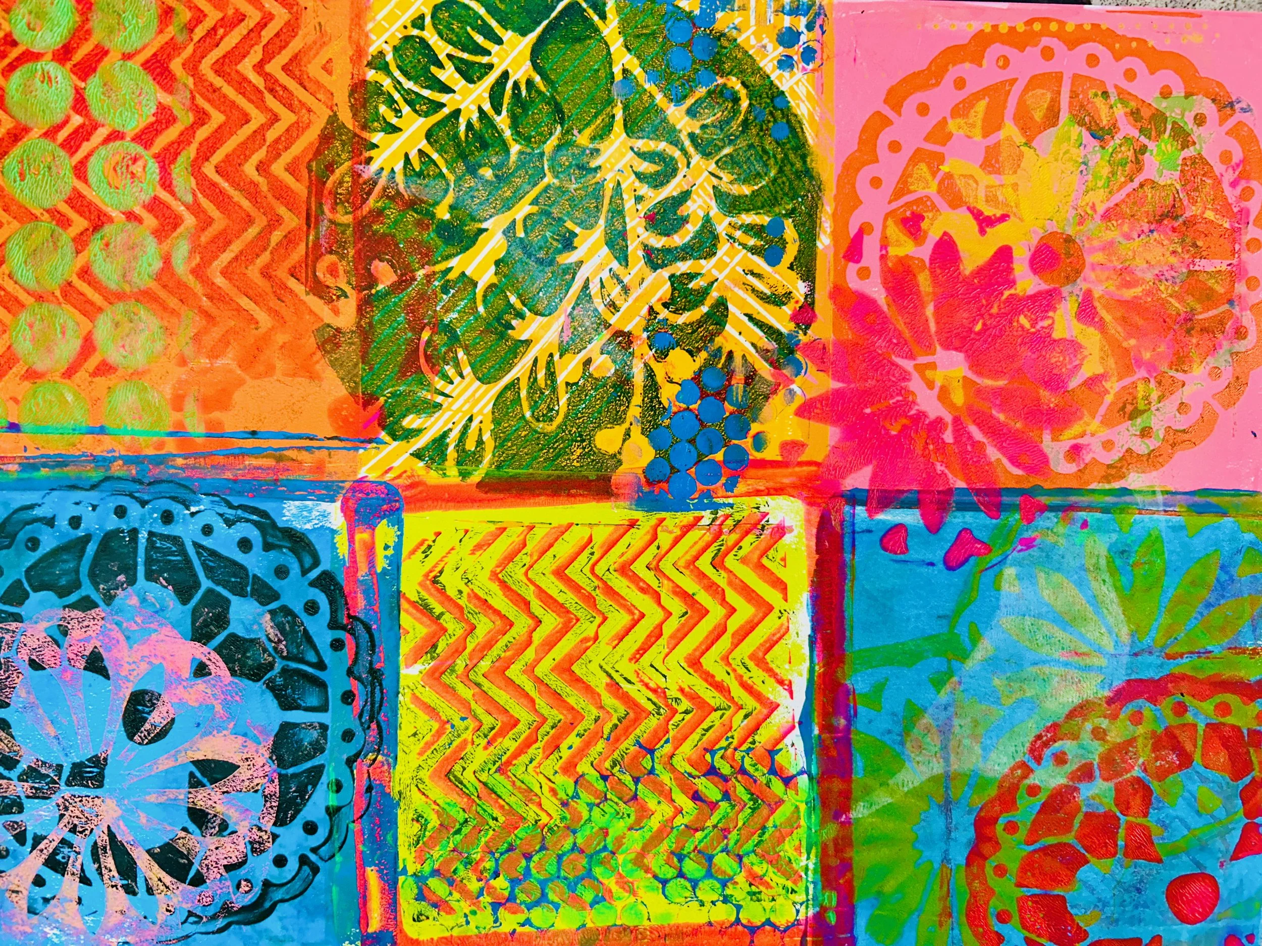A variety of Gelli prints exploring colour, texture and pattern using vibrant saturated colours.