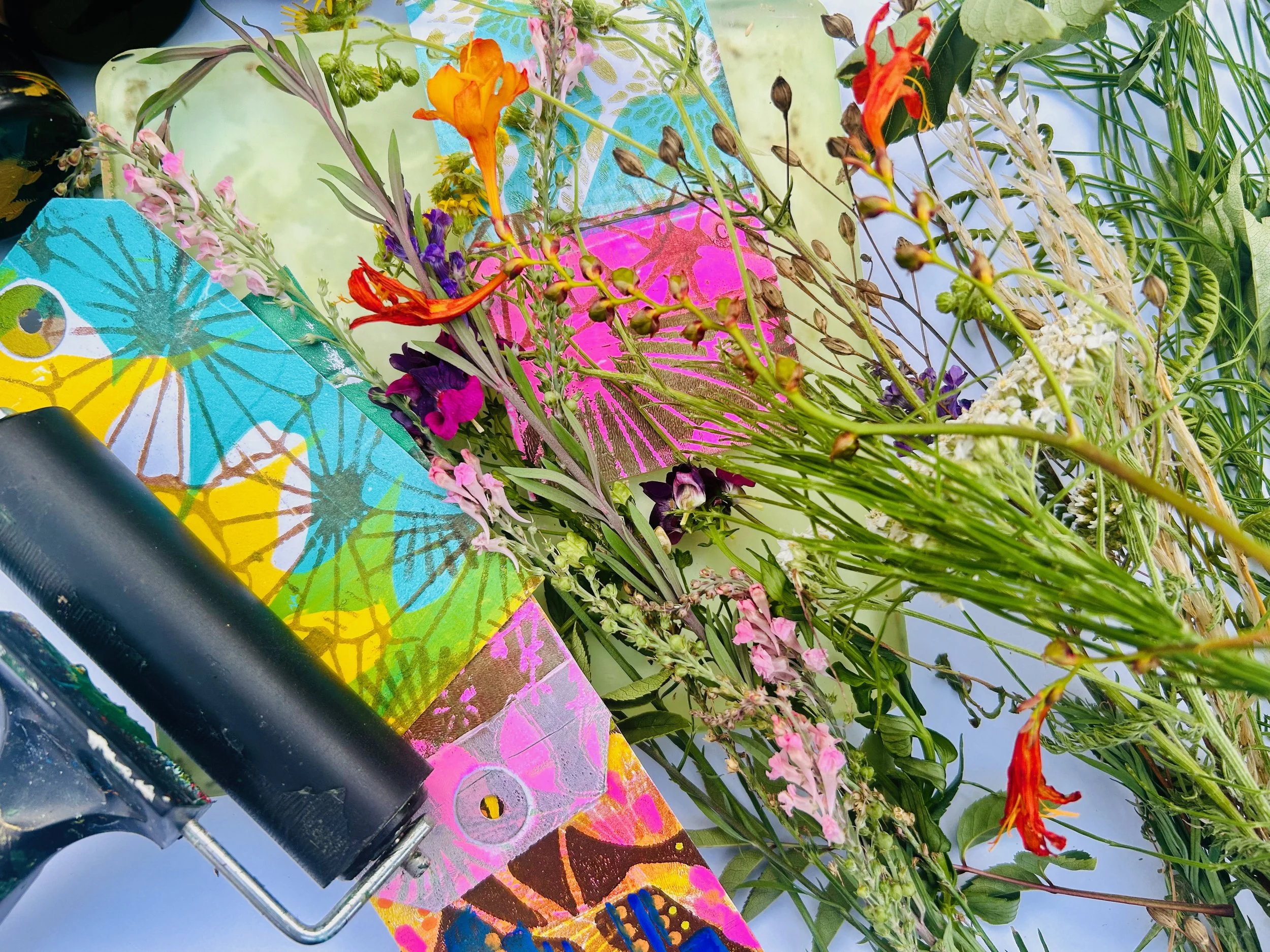 Gelli print tags and botanical s used to make the images.