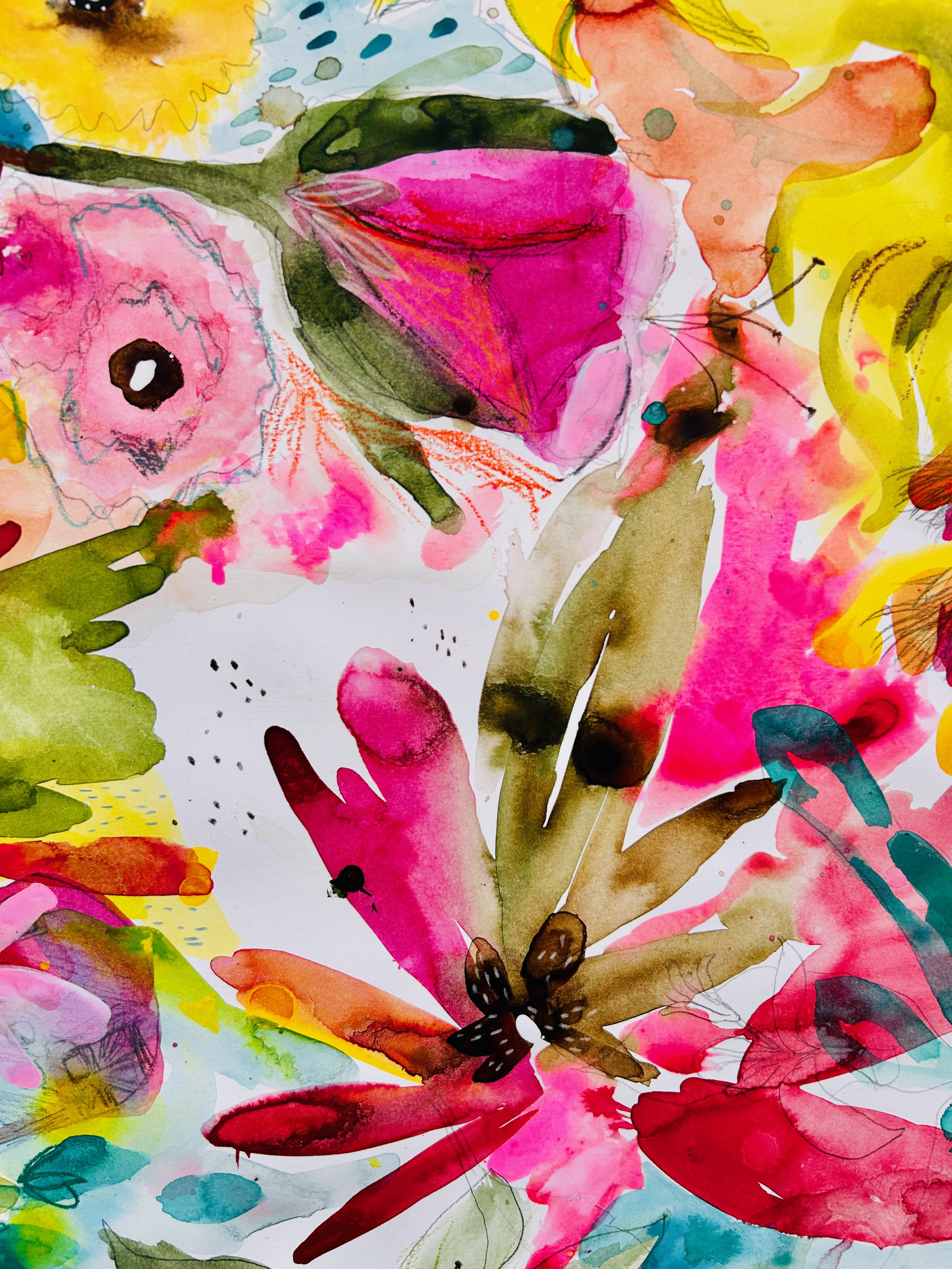 Loose expressive floral painting created during Pause & Bloom session.