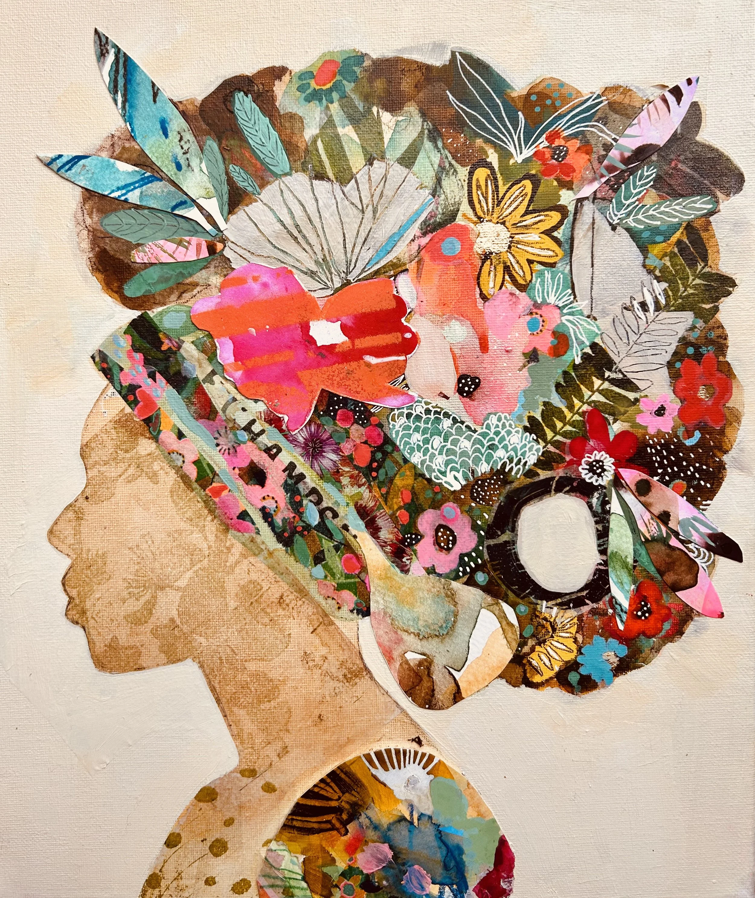 Side profile of African woman with headscarf blooming with abstract florals, mixed-media collage pieces ethnic adornment using acrylic and watercolours.