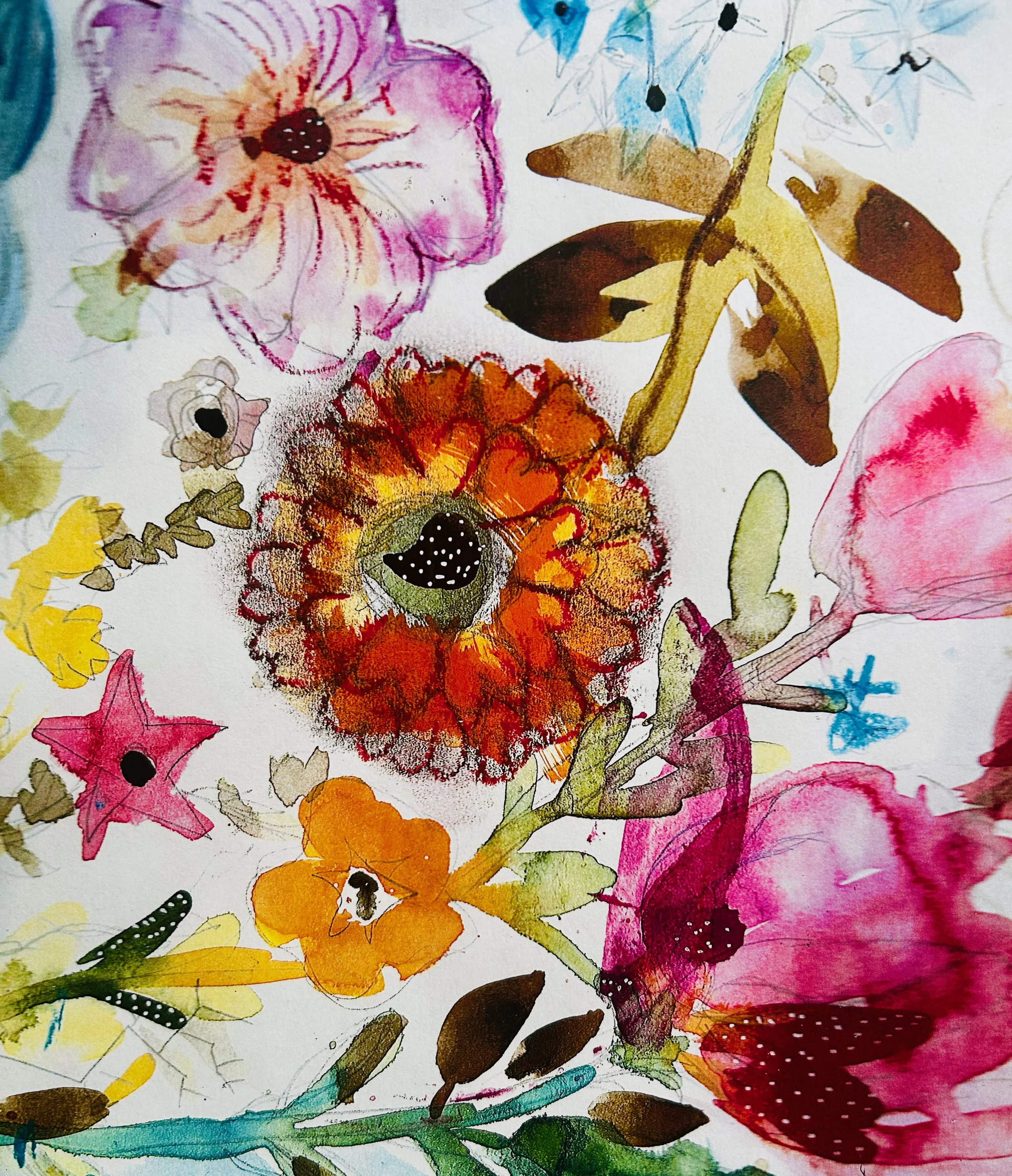 Close-up of translucent florals and mixed-media created during Pause & Bloom workshop.