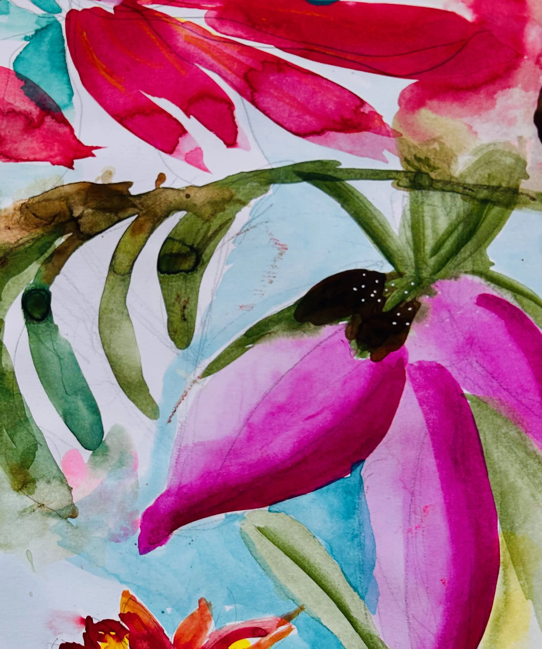 Close-up of a beautiful magenta floral with lush green leaves painted during Pause & Bloom workshop.