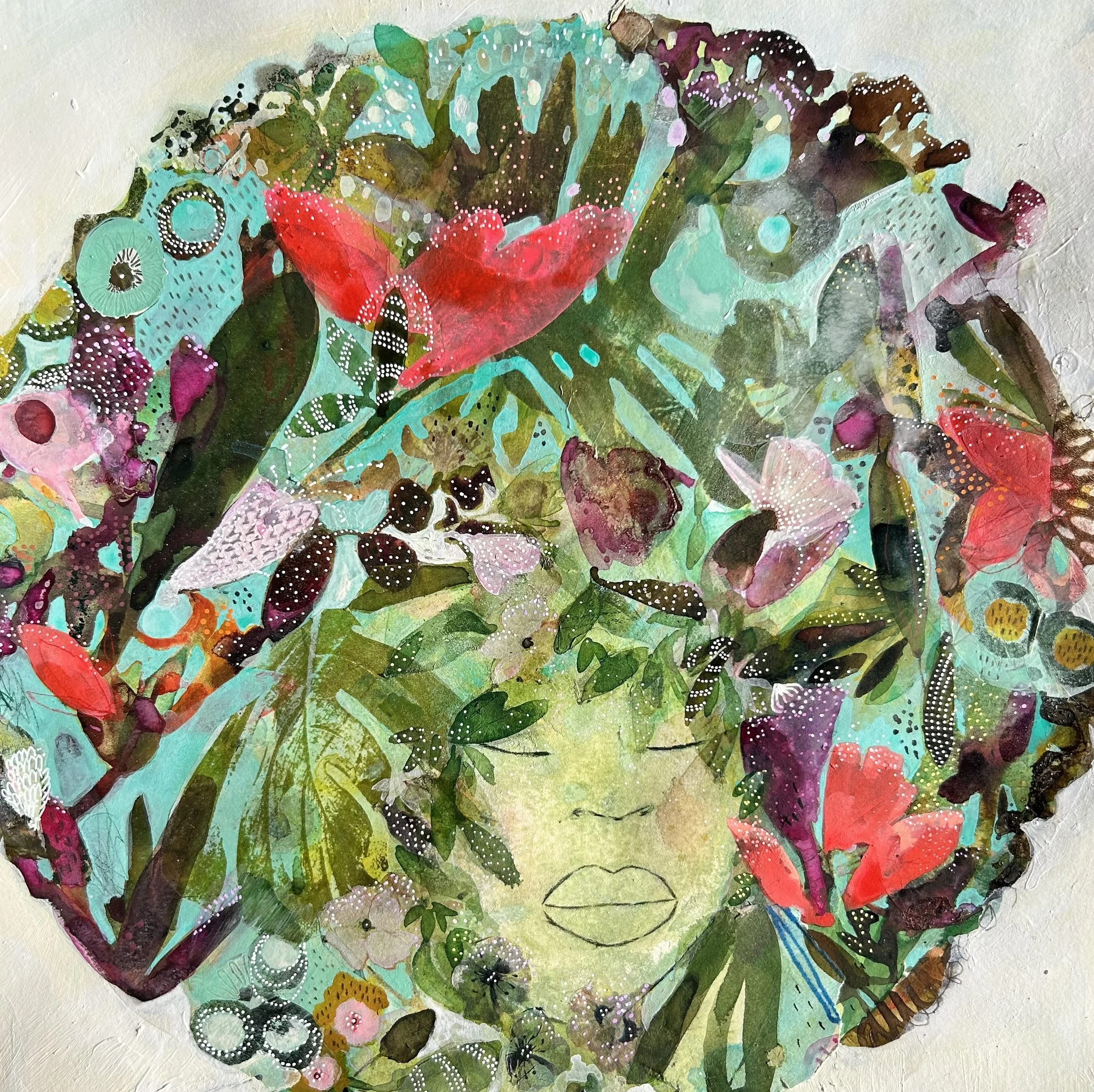 Expressive botanical portrait created using collage, acrylic and mixed-media.