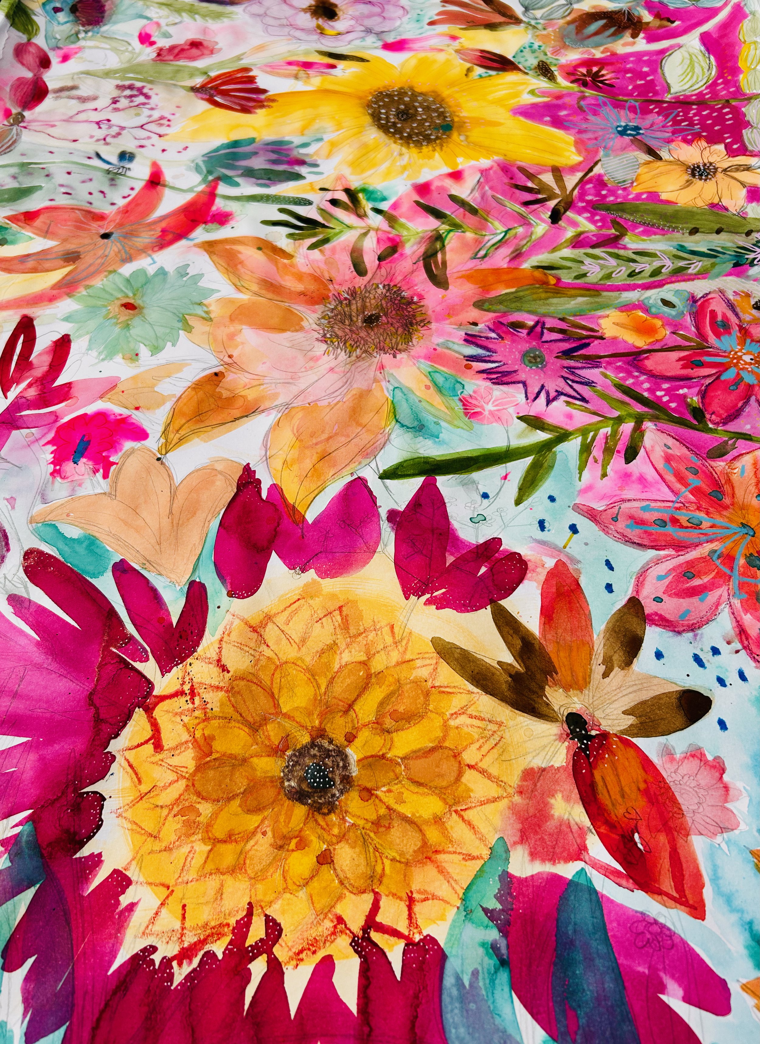 Colourful floral artwork created during a Pause & Bloom workshop.
