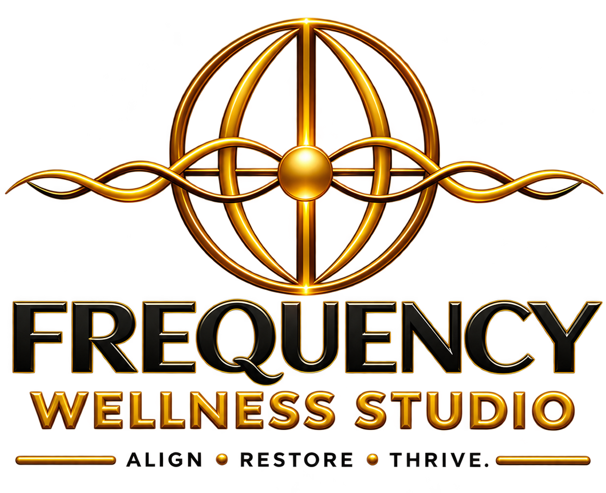 Gold logo with a globe and wave design above the text 'Frequency Wellness Studio' in black and gold letters.