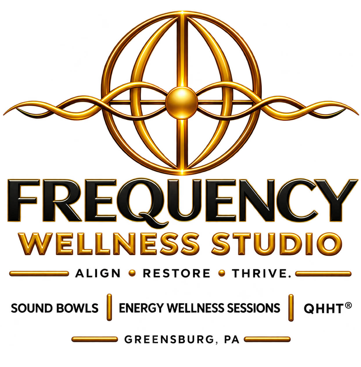 Gold and black logo for Frequency Wellness Studio featuring a stylized globe and wave design, with the words 'Frequency Wellness Studio' and taglines like 'Align, Restore, Thrive'.