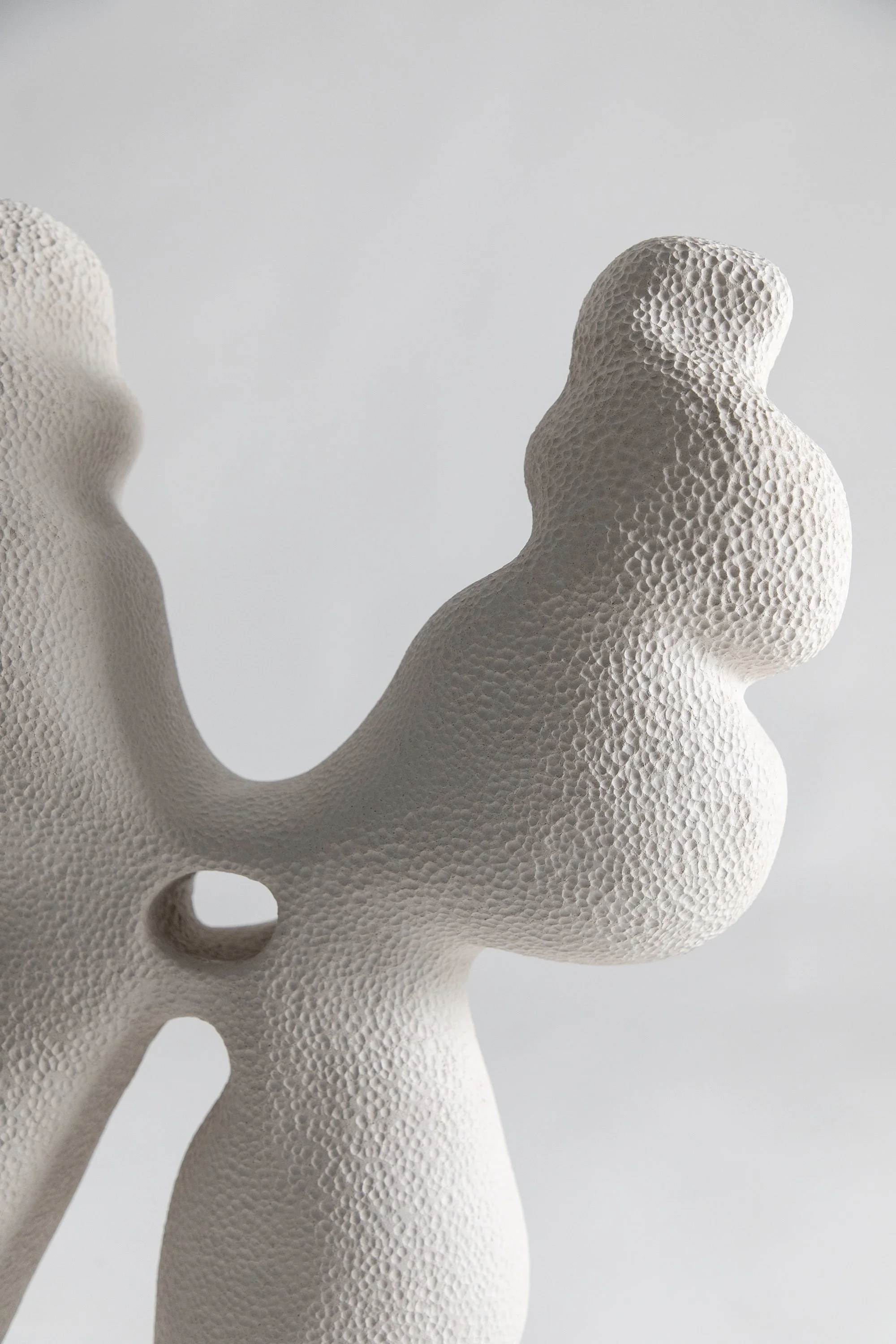 Close-up of an abstract beige sculpture with textured surface and organic shapes against a plain background.