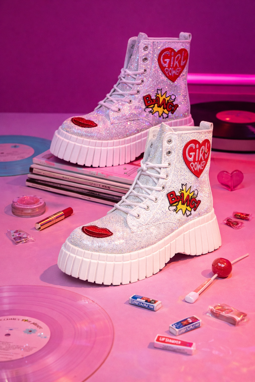 Pair of glittery pink and white high-top sneakers with patches that say "Girl Power" and "BANG!", surrounded by records, lipstick, lip balm, a lollipop, candies, and decorative hearts on a pink surface, with a pink background.