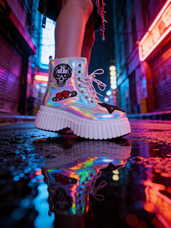 A holographic platform boot with patches of a skull with headphones and red hearts, on a wet city street at night with colorful neon signs reflecting on the ground.