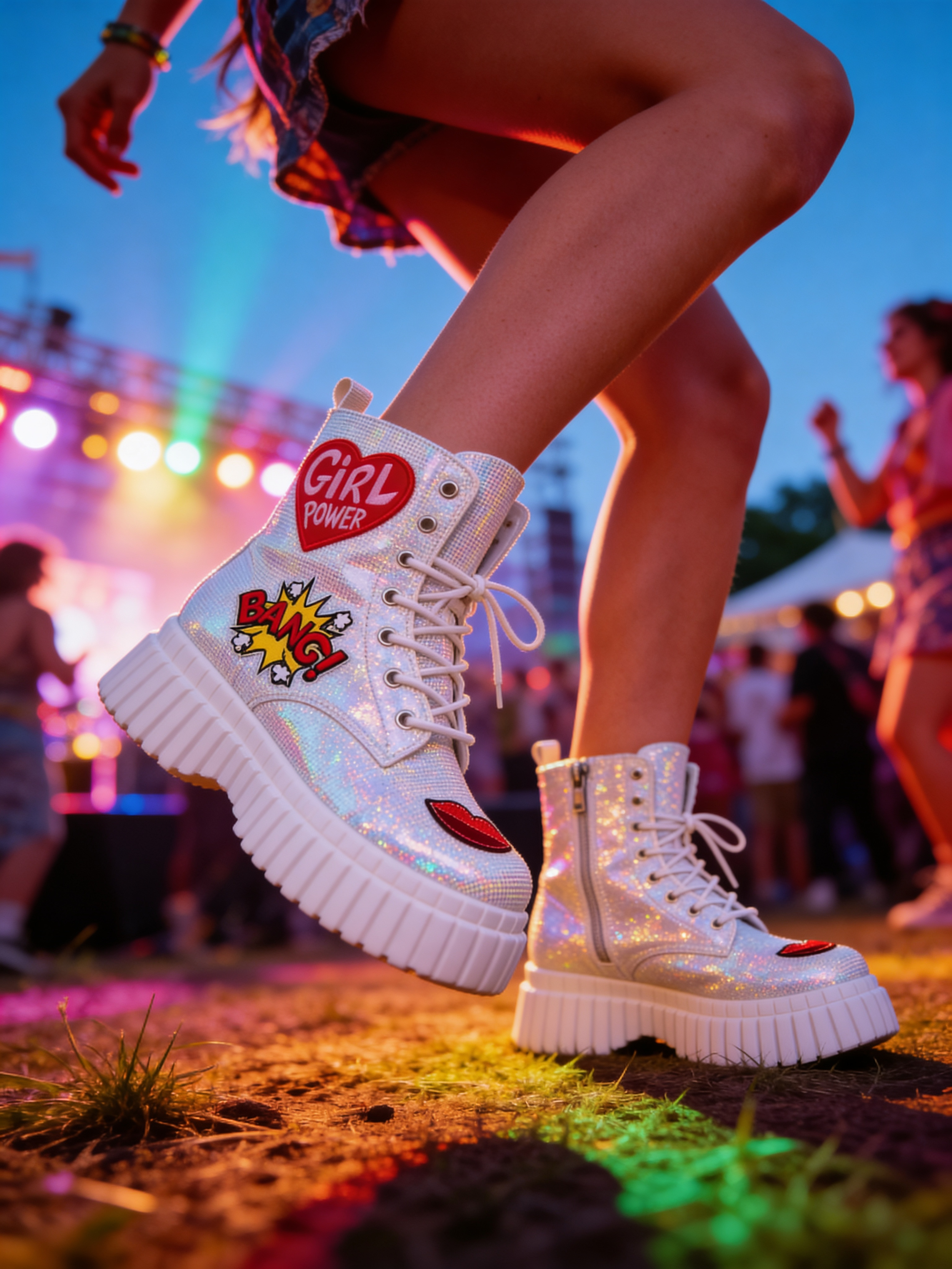 Close-up of a person wearing iridescent platform sneakers with patches, including a heart with 'Girl Power' and a lips patch, on a ground with colored lights at an outdoor event at dusk.