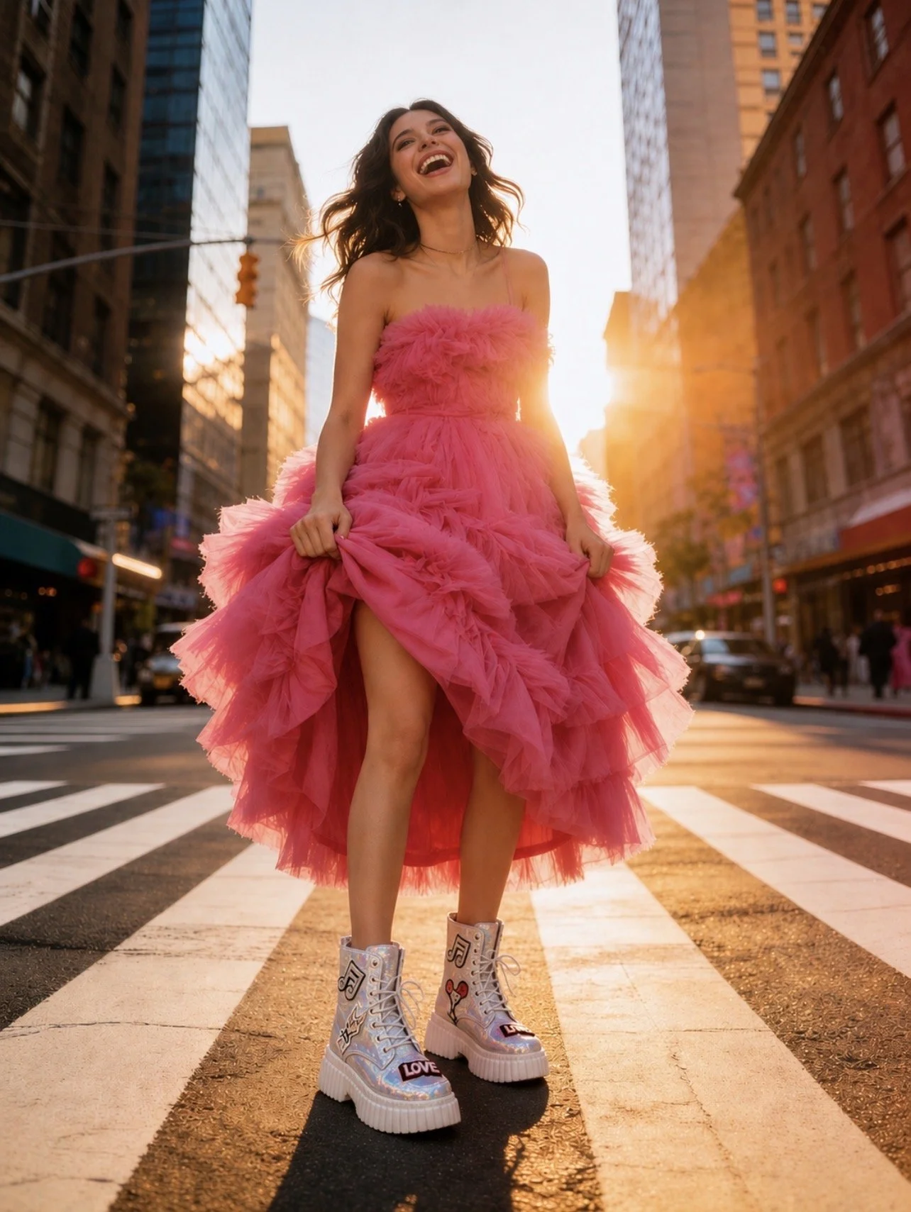 A woman in a bright pink ruffled dress standing on a city street crosswalk during sunset, wearing colorful shoes with decorative patches.